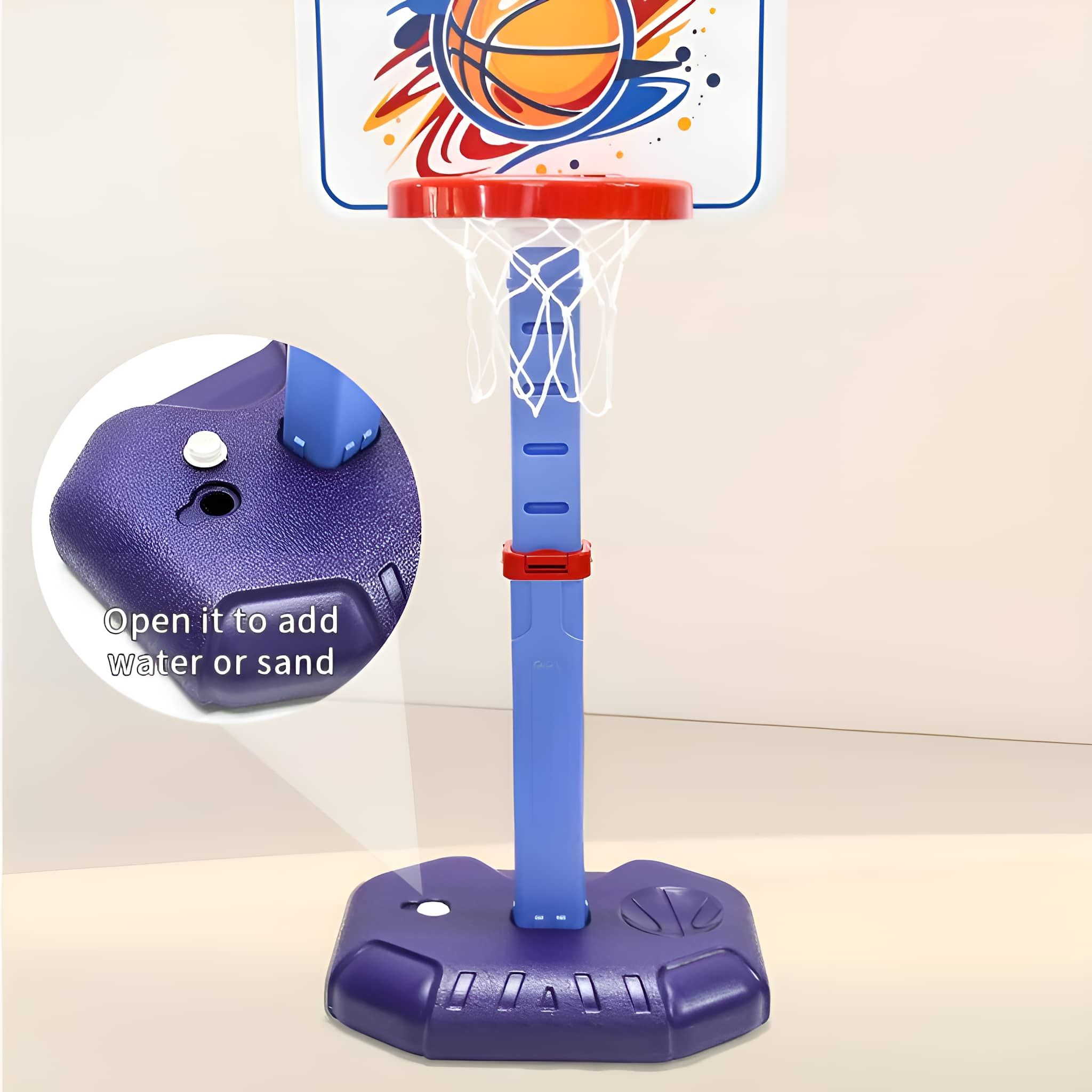 Basketballkorb mit lila Sockel, blauem Pfosten und rotem Rand, mit Text und einem inset Bild.