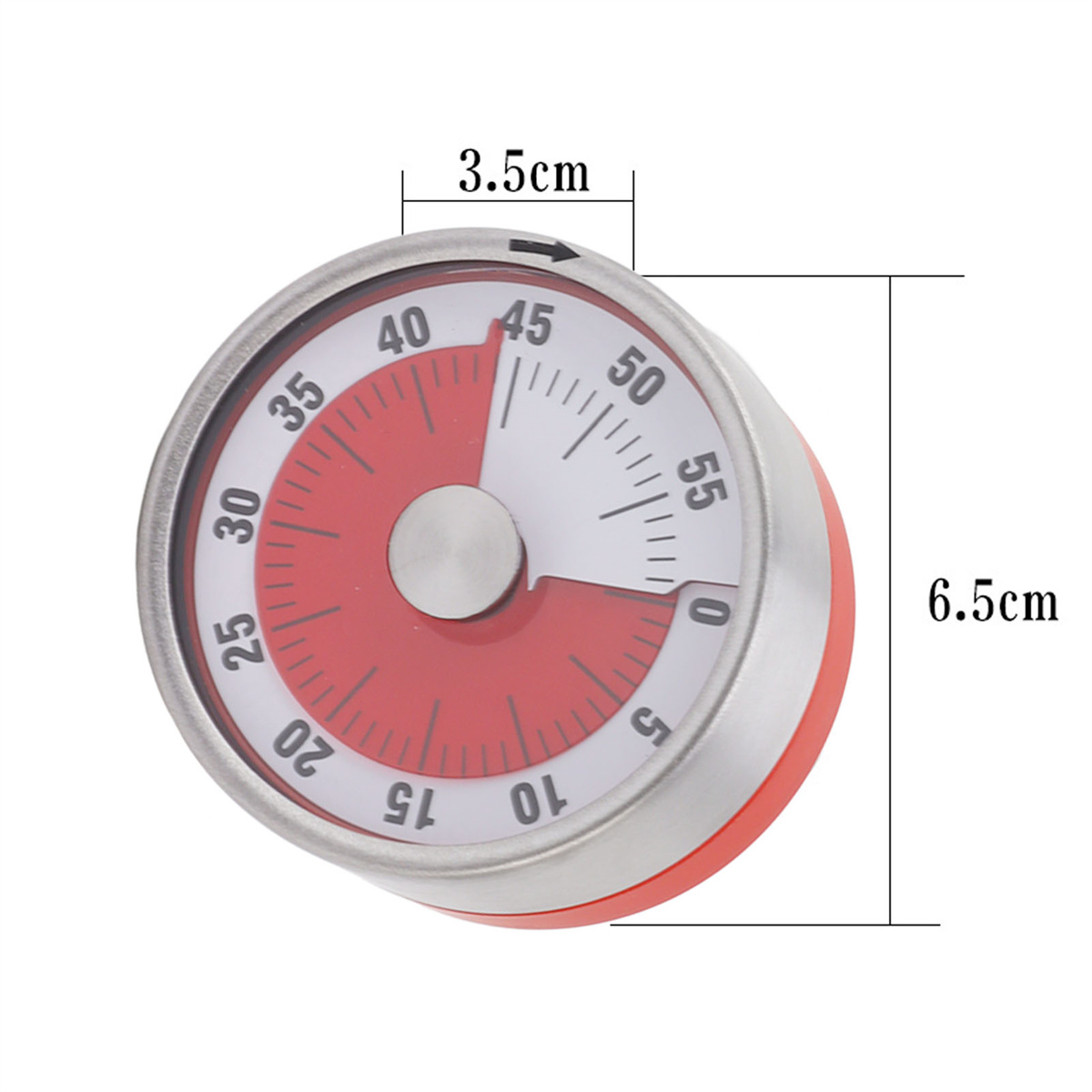 Roter und silberner Küchentimer mit Maßen in Zentimetern und einem weißen Zifferblatt.