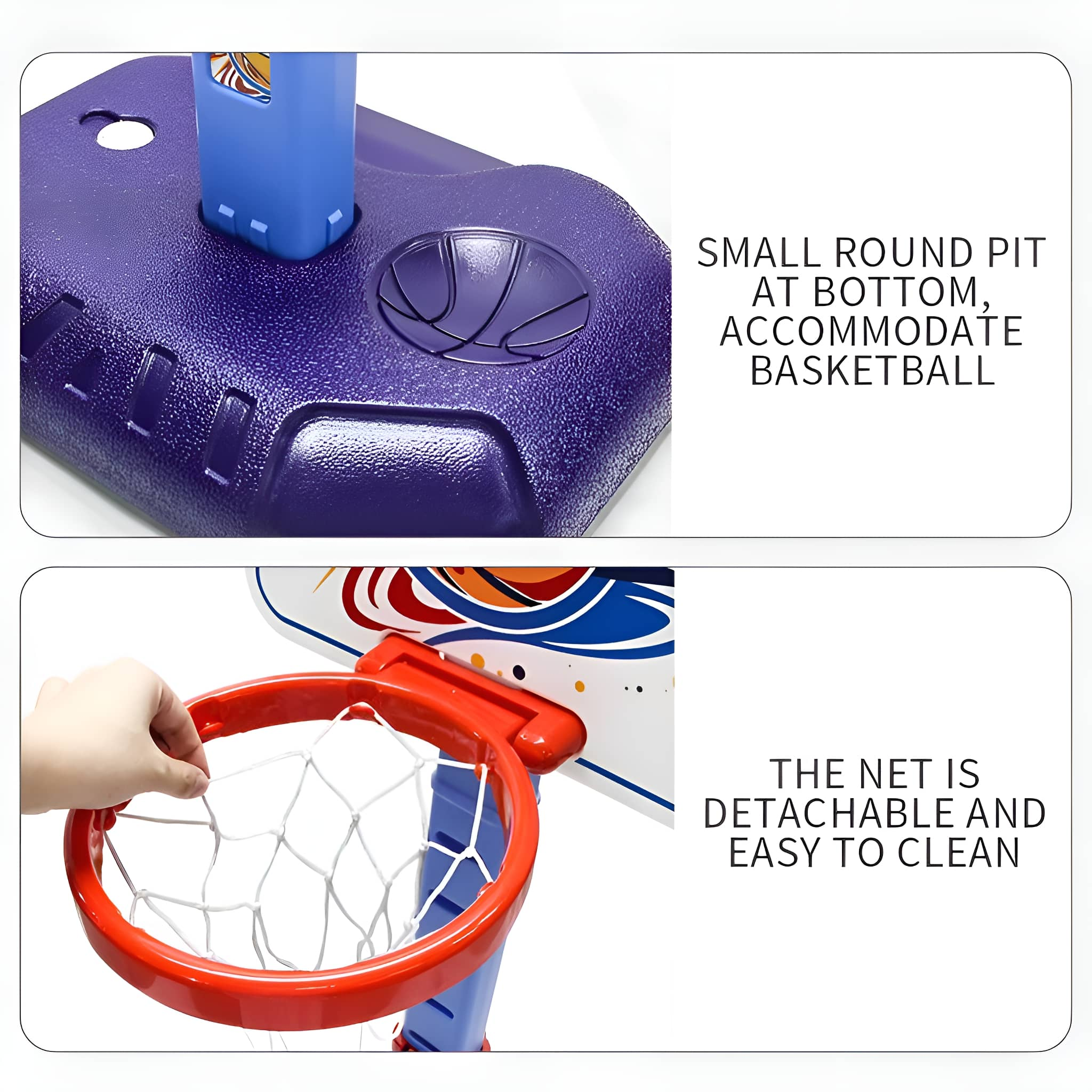 Ein Basketballkorb-Sockel und Netz. Die Basis ist lila, das Netz ist weiß und rot. Text beschreibt Funktionen.
