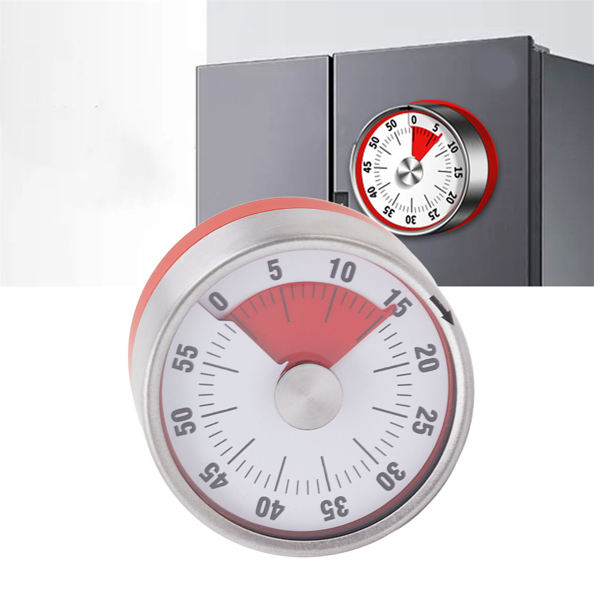 Roter und silberner Küchentimer, Nahaufnahme. Der Timer ist auf 15 Minuten eingestellt.
