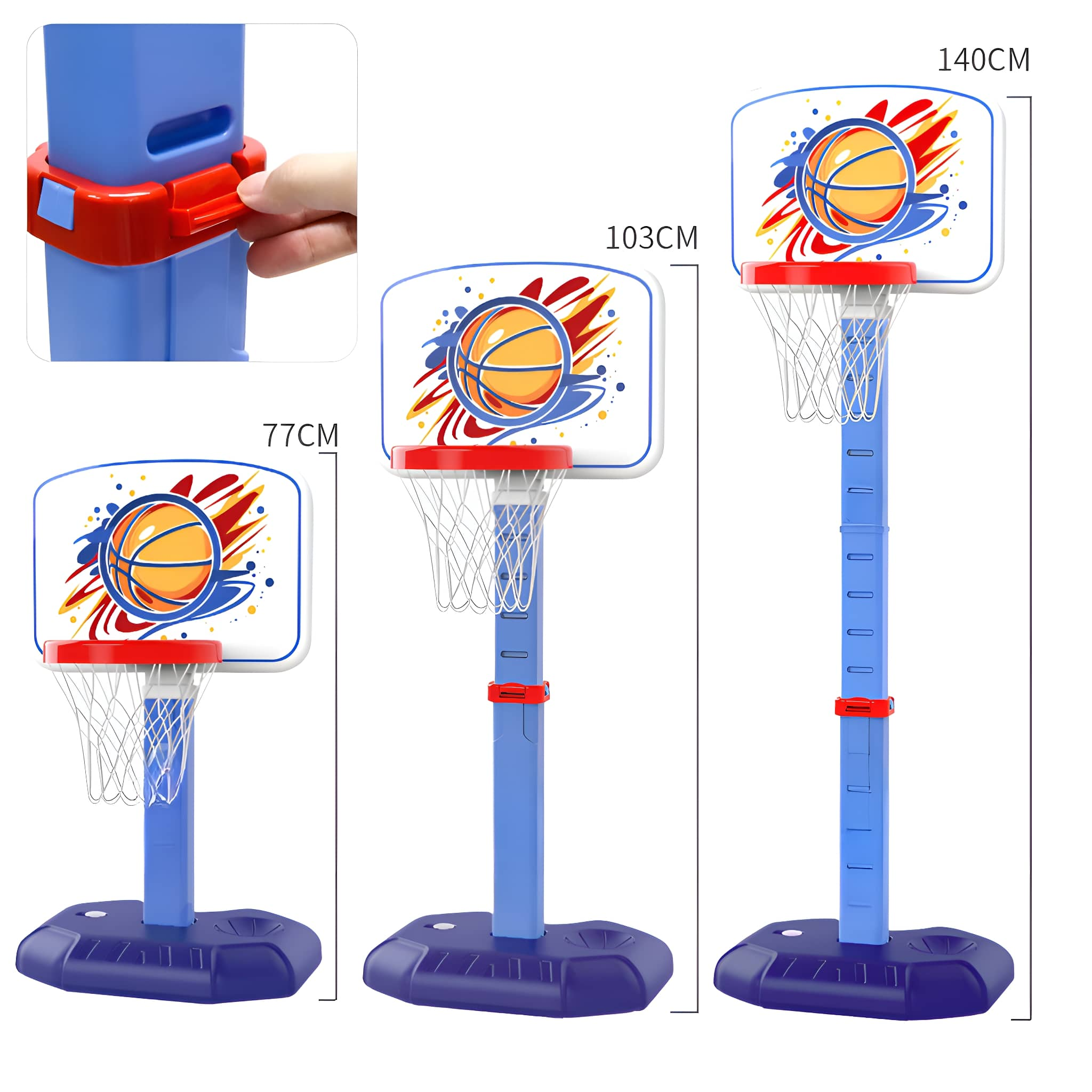 Drei Basketballkörbe in verschiedenen Größen mit Maßen. Der größte ist 140 cm hoch.