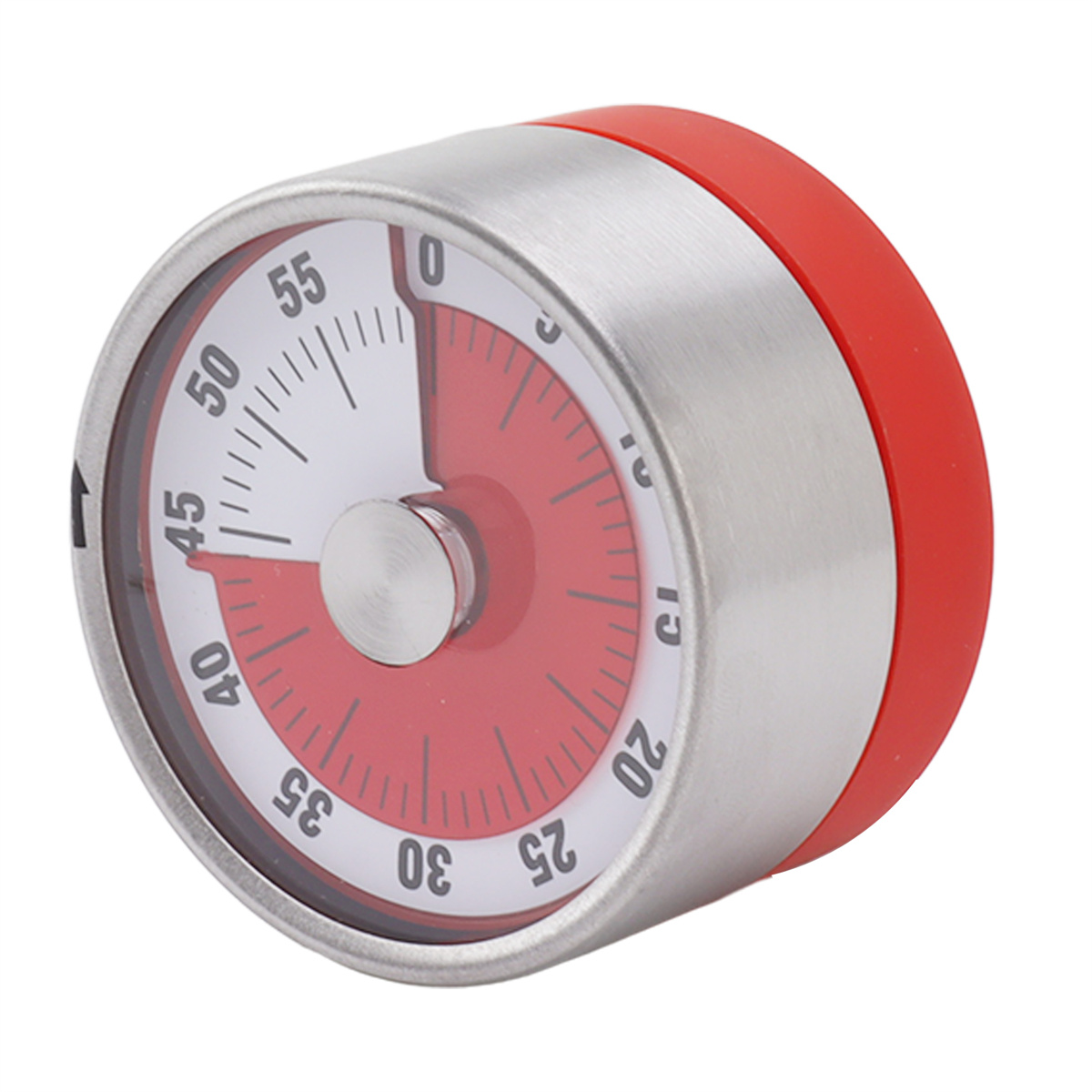 Roter und silberner Küchentimer mit weißem Zifferblatt, zeigt 40 Minuten, vor weißem Hintergrund.