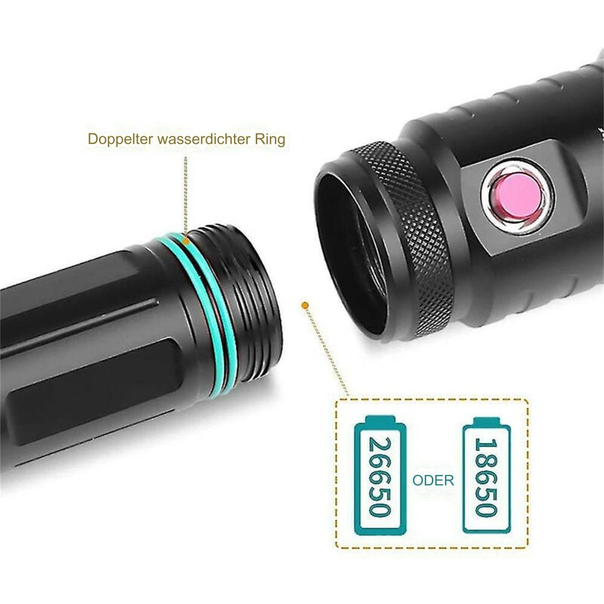 Schwarze Taschenlampe mit zerlegtem Kopf, der die internen Komponenten und Batterieoptionen zeigt.