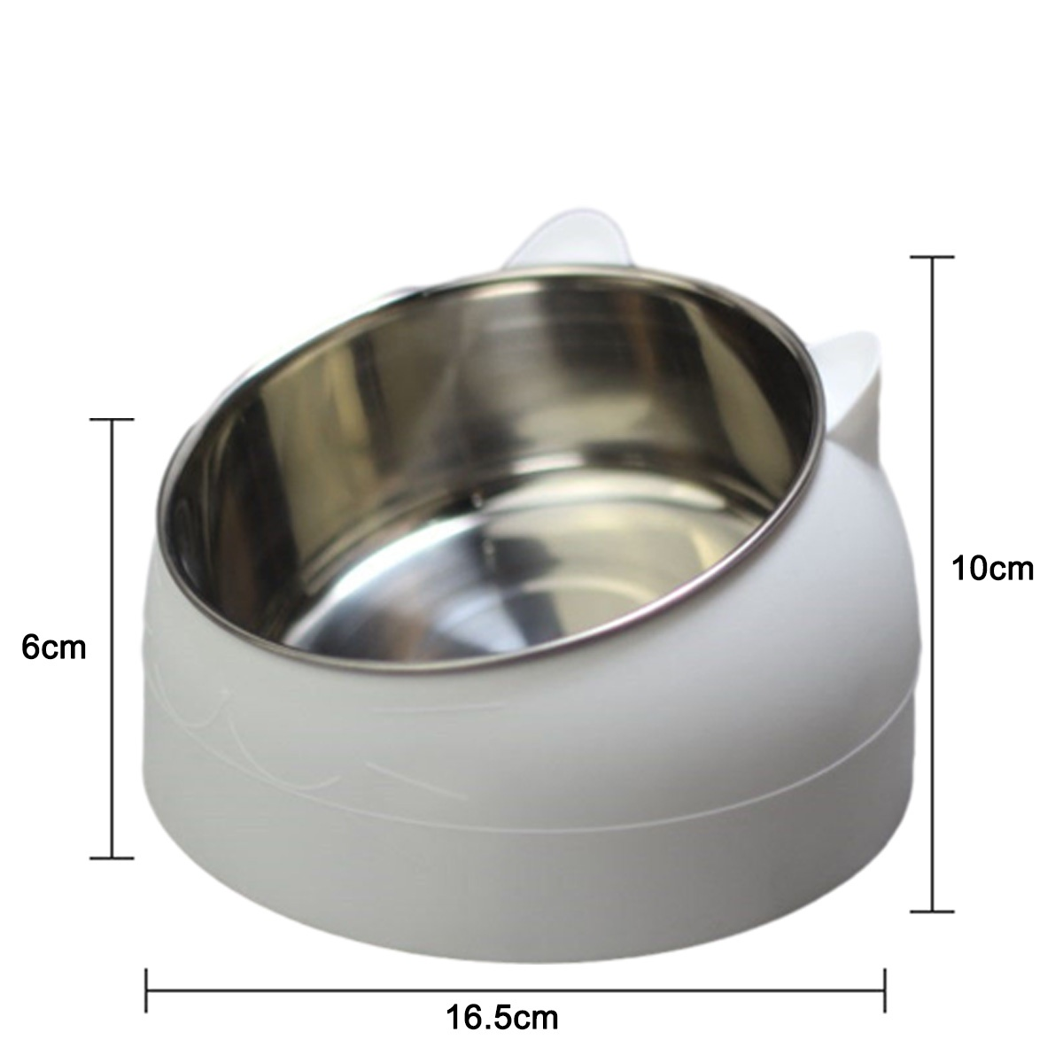 Weißer erhöhter Katzennapf mit Maßangaben, silbernem Innenraum und Katzenohren-Design.