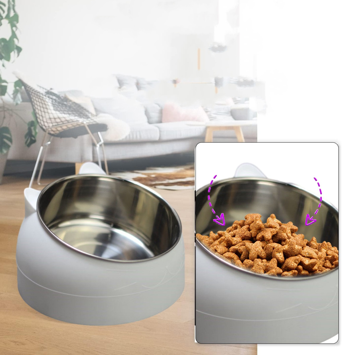Ein weißer Katzennapf mit Futter. Die Schüssel hat ein schräges Design.