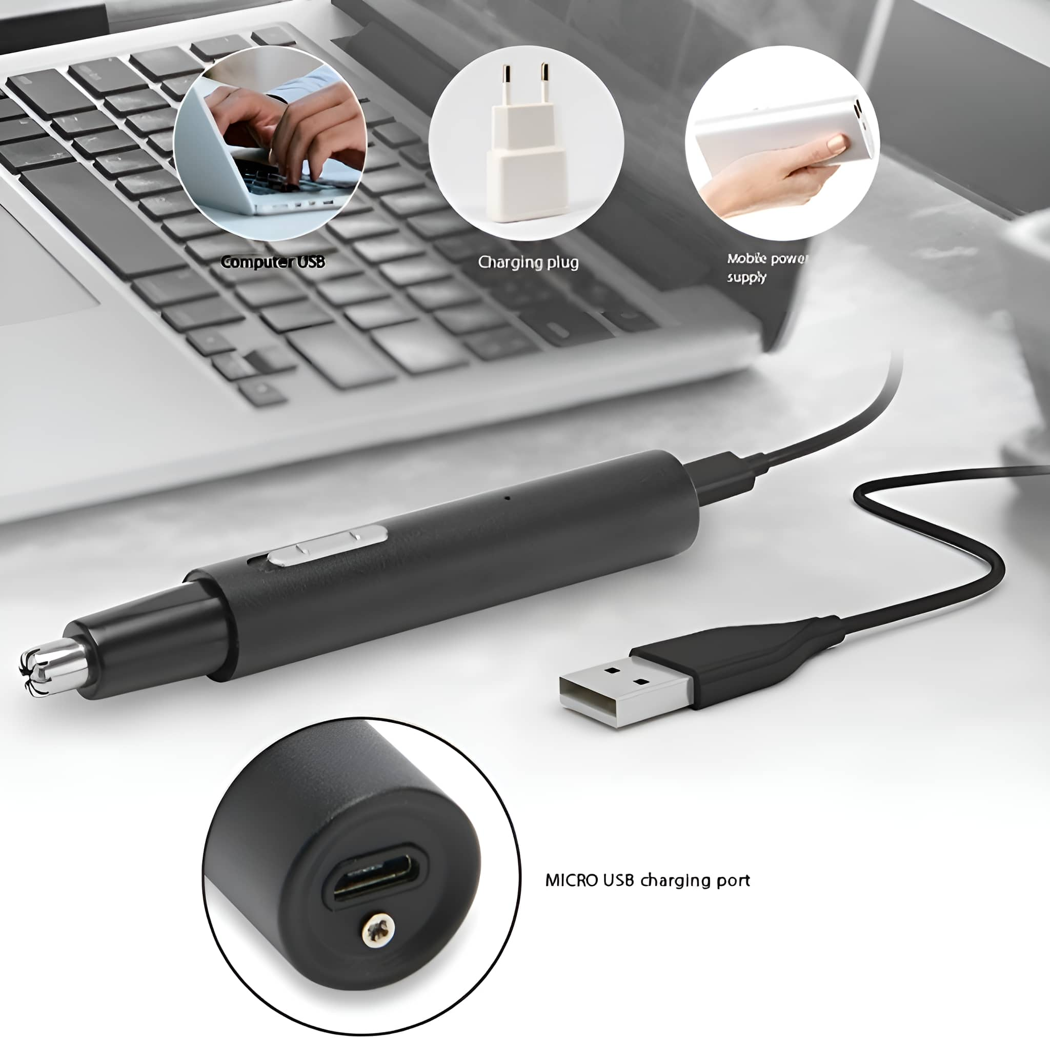 Schwarzer Nasenhaartrimmer mit USB-Aufladung, gezeigt mit Laptop und Ladestecker.