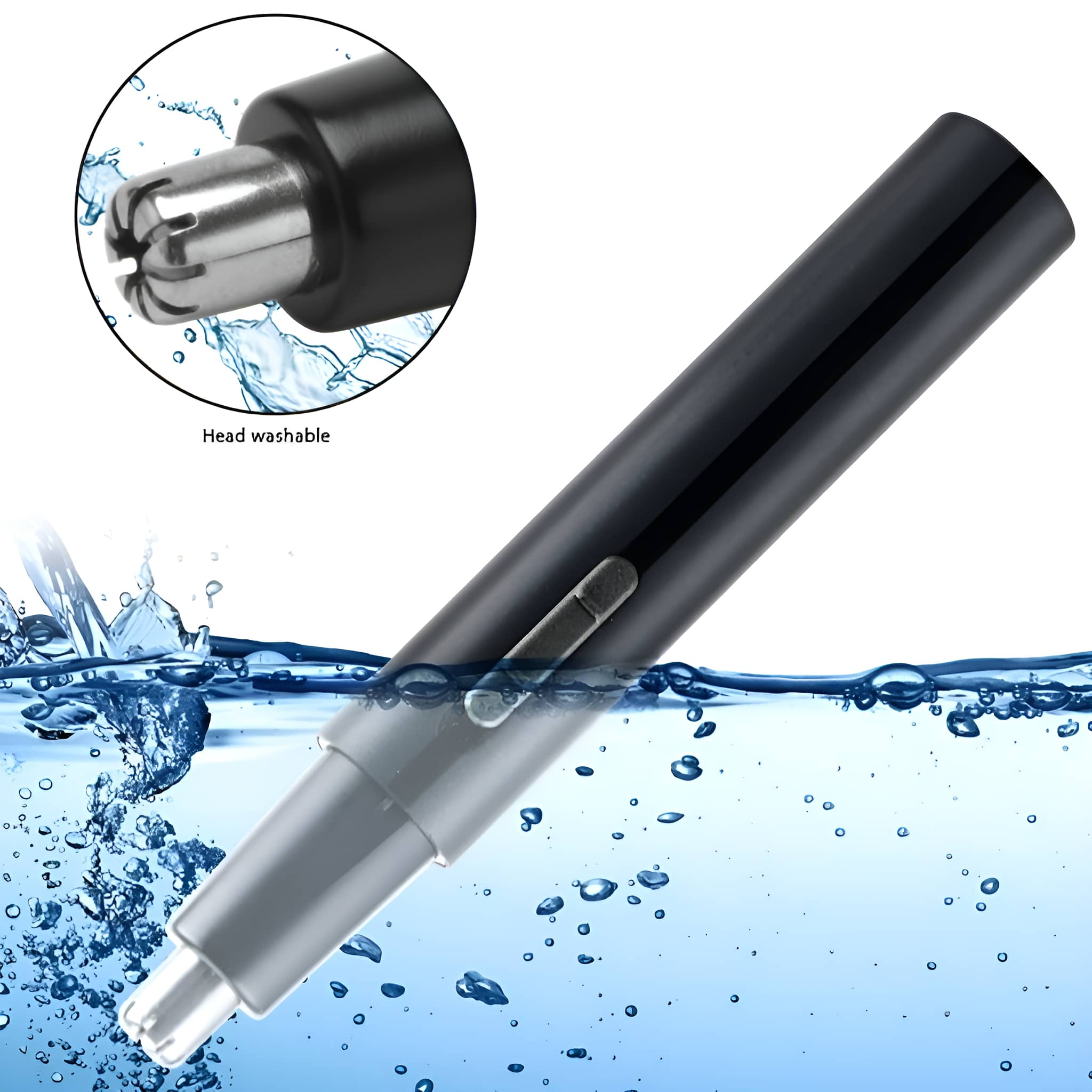 Schwarzer und grauer Nasenhaartrimmer mit klarem Wasserspritzer-Hintergrund.