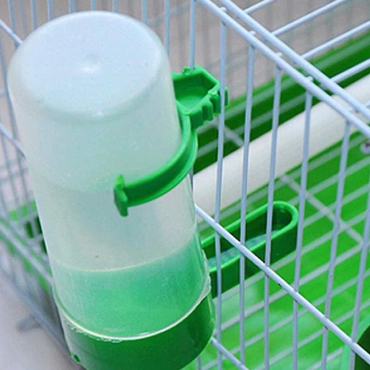 Grün-weiße Vogel-Wasserflasche, die an einem Vogelkäfig befestigt ist. Die Flasche ist halb voll.