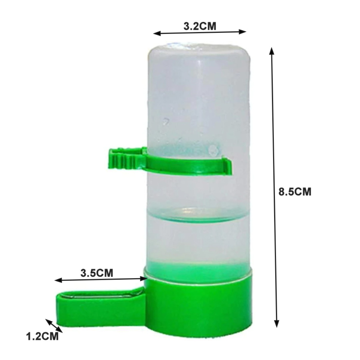 Vogel-Wasserspender mit grünen und transparenten Kunststoffteilen.