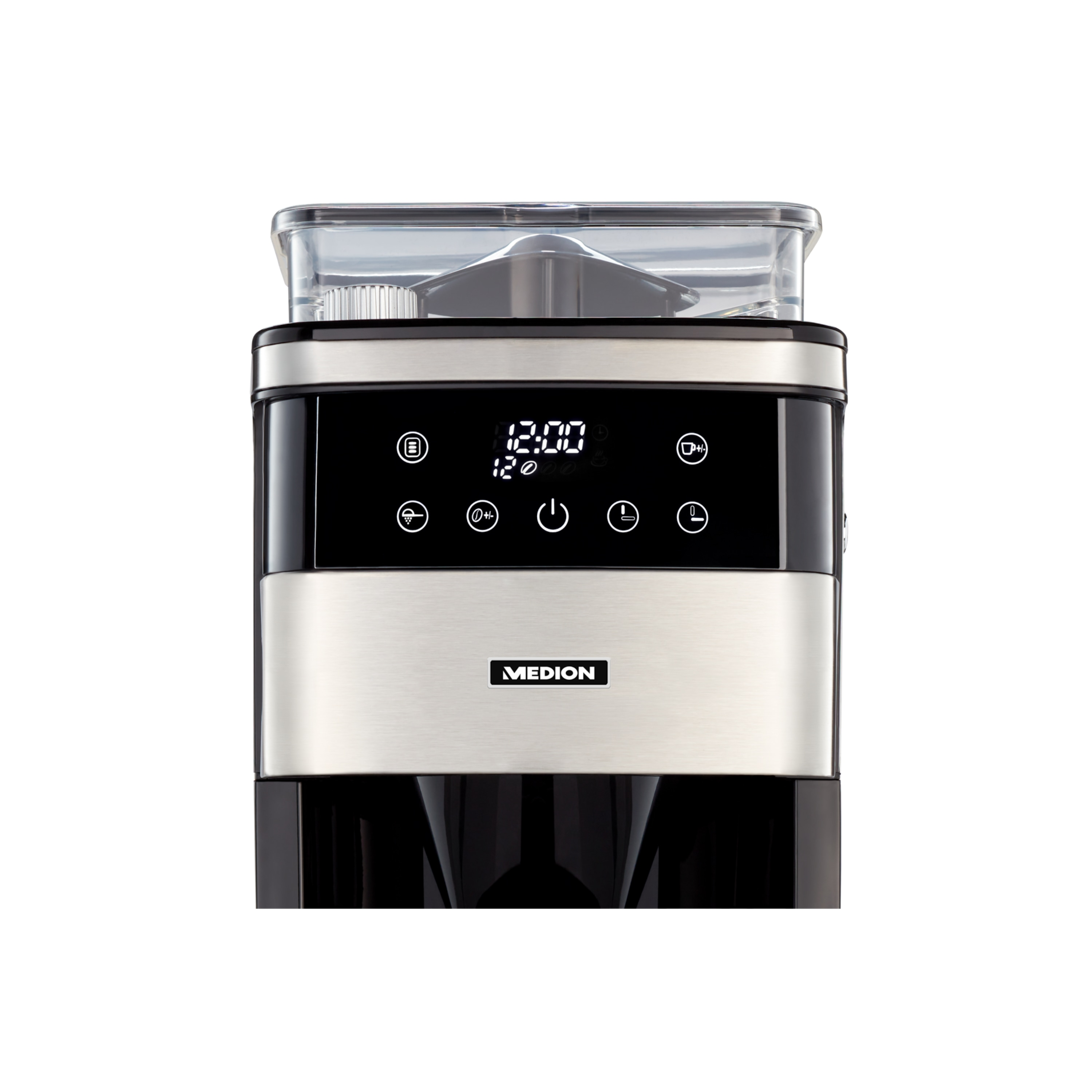 Zbliżenie czarno-srebrnego ekspresu do kawy z cyfrowym wyświetlaczem pokazującym czas i inne ikony.