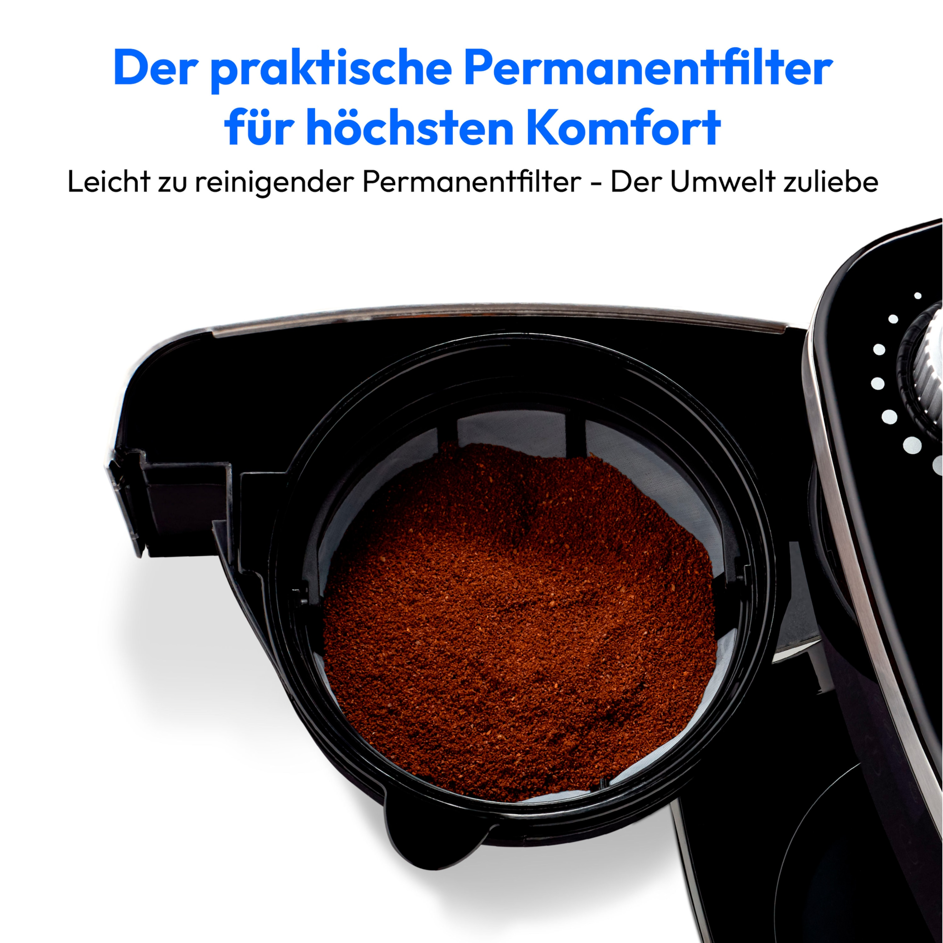 Zbliżenie na filtr ekspresu do kawy z mieloną kawą. Tekst brzmi: 