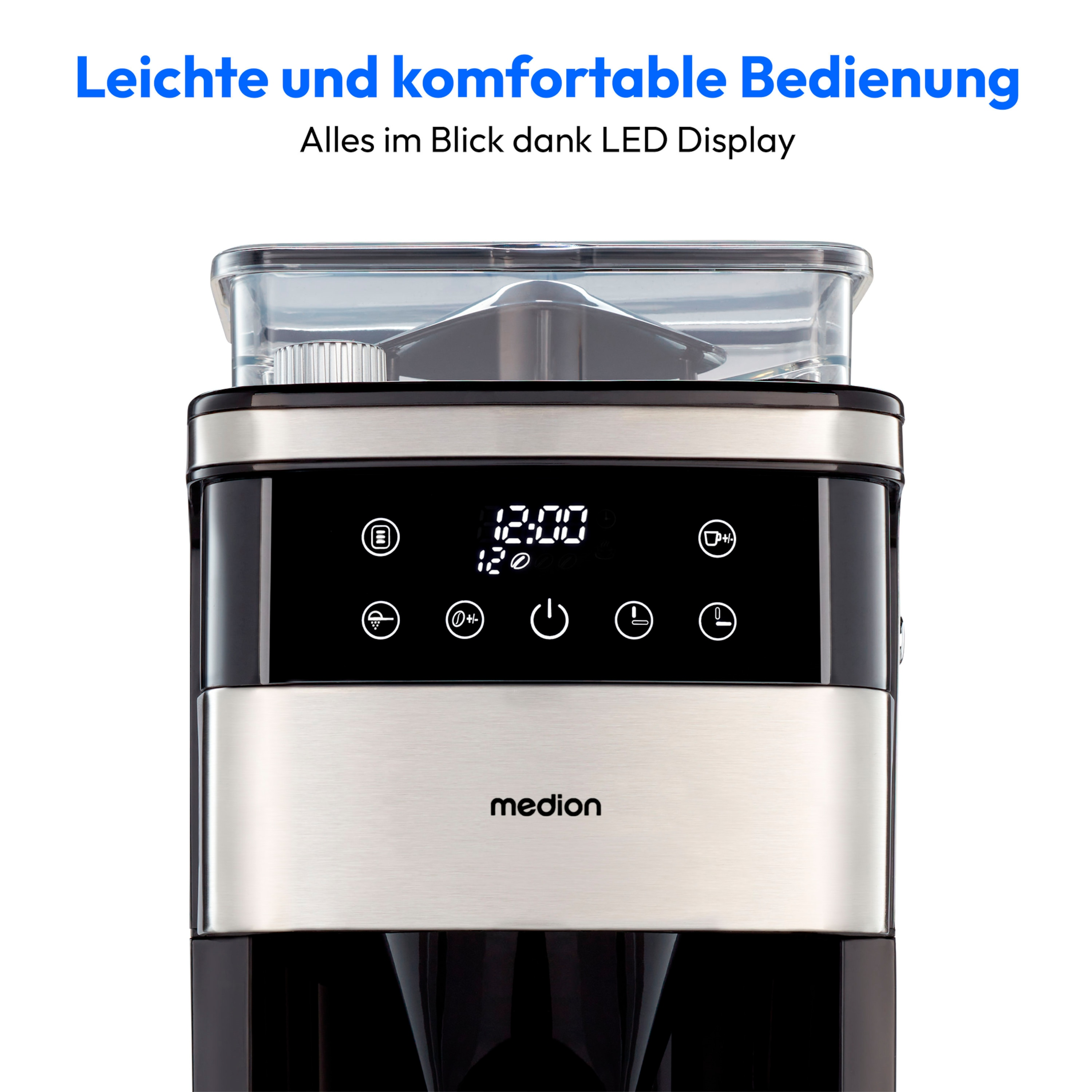 Ekspres do kawy z wyświetlaczem pokazującym 12:00, srebrny i czarny, białe tło.