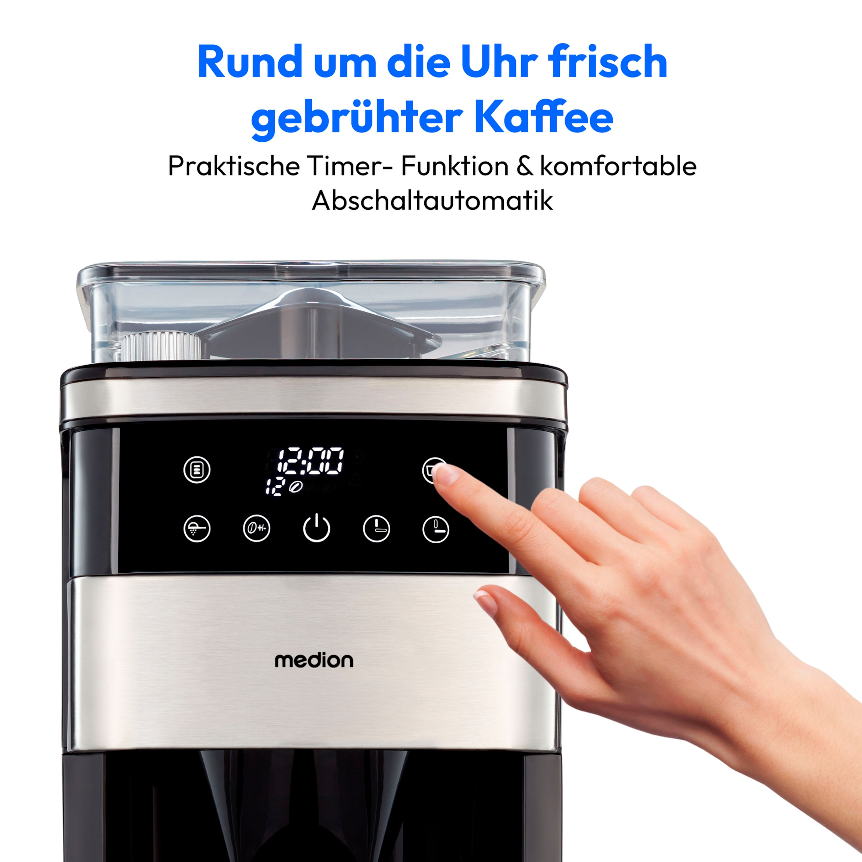 Zbliżenie ekspresu do kawy, dłoń kobiety dotyka ekranu. Tekst po niemiecku.