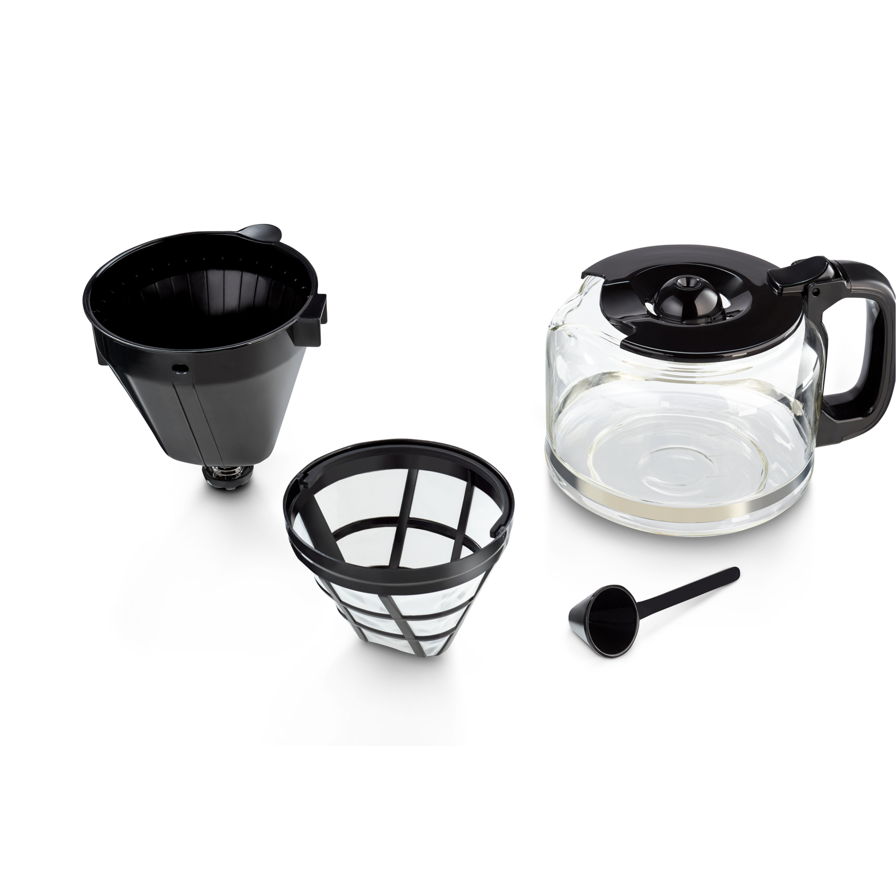 Części ekspresu do kawy: stożek filtra, filtr, szklany dzbanek i mała czarna miarka.