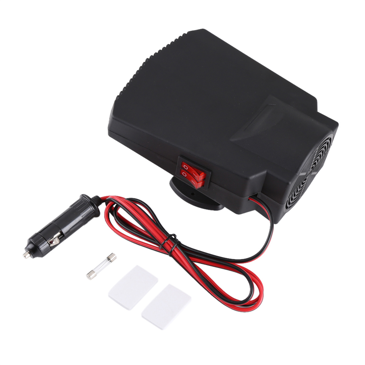 Eine schwarze Autoheizung mit rot-schwarzen Kabeln, einer Sicherung und zwei weißen Aufklebern.