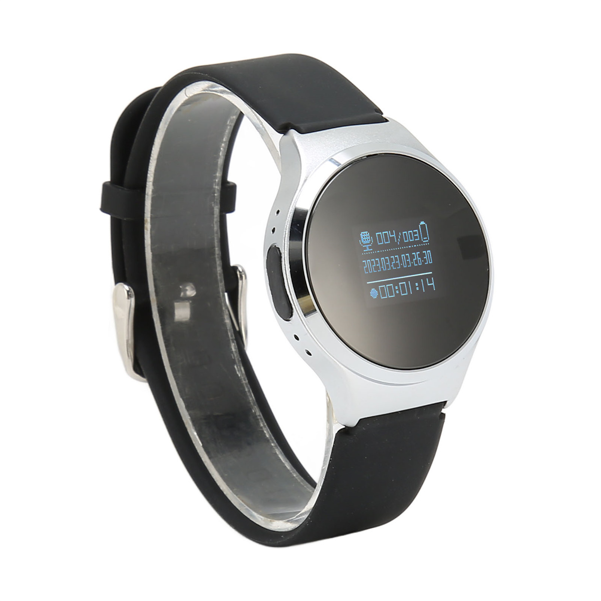 Eine silberne Smartwatch mit schwarzem Armband, die Zeit und Batterieinformationen anzeigt.