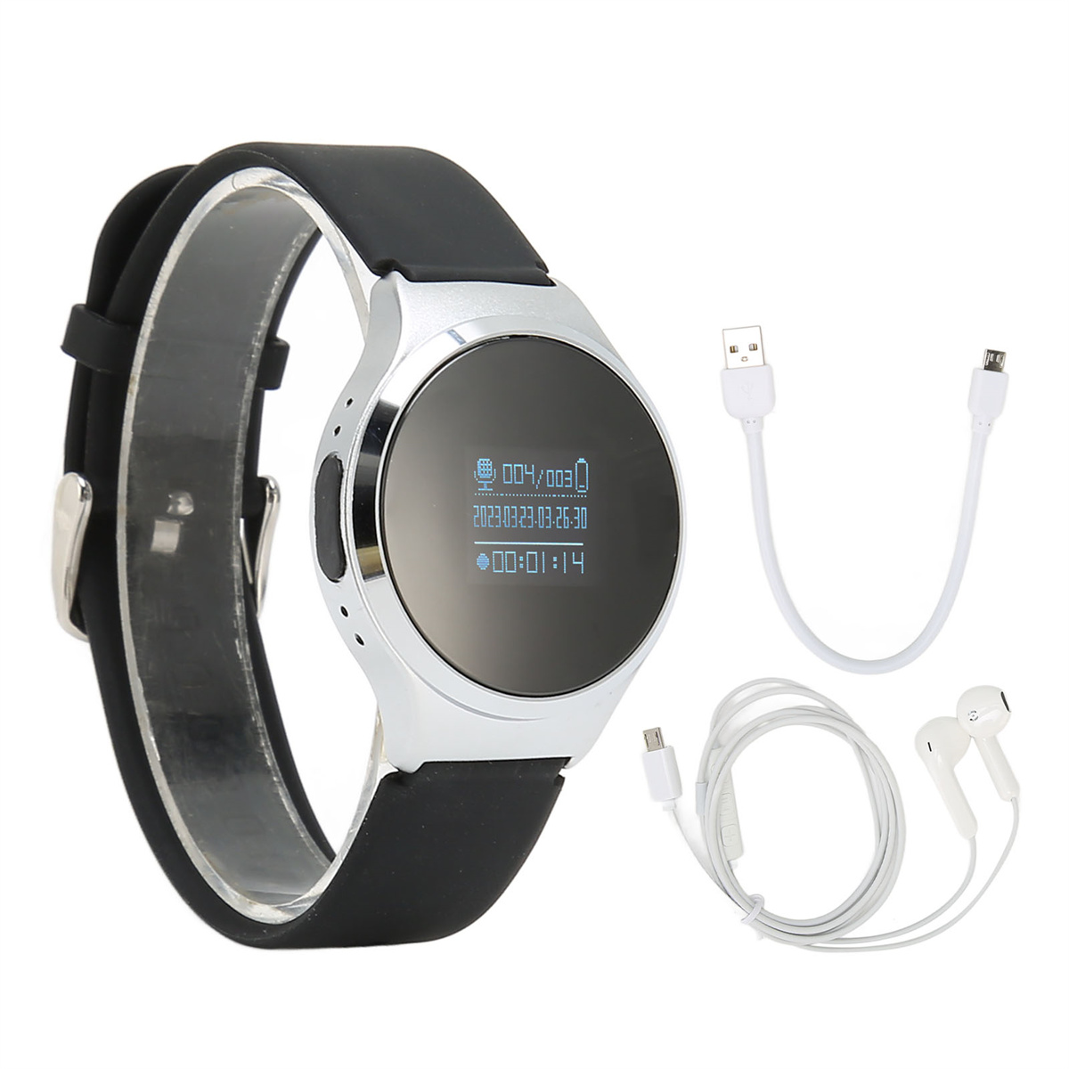 Schwarze Smartwatch mit silbernem Rahmen, schwarzem Armband, Ladegerät und Kopfhörern.