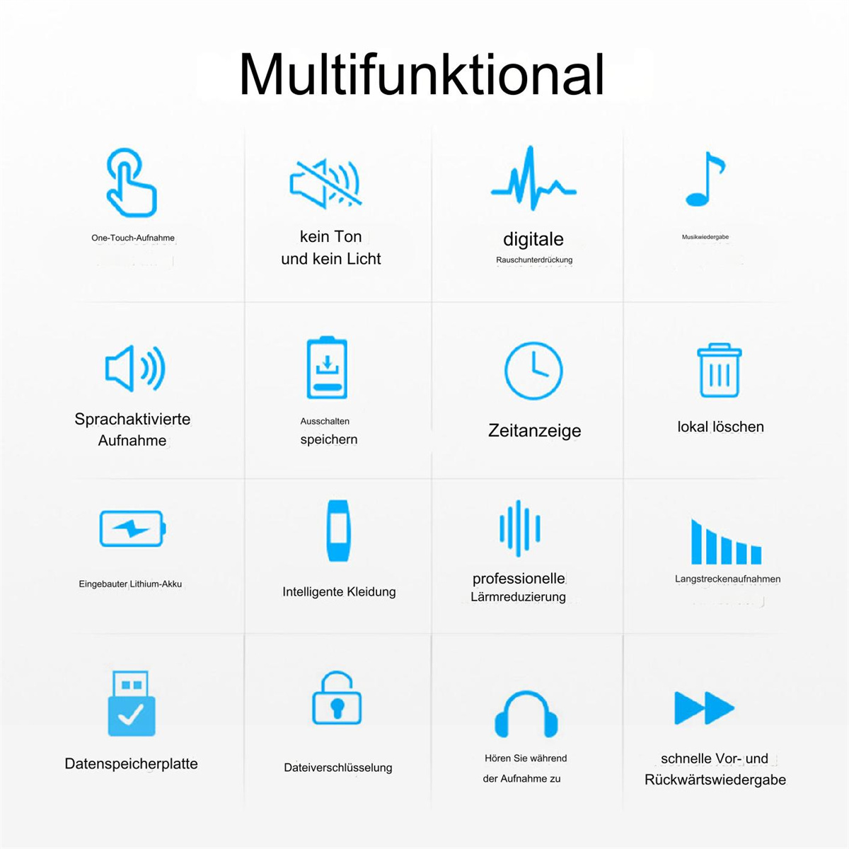Eine Grafik mit Symbolen, die verschiedene Funktionen wie One-Touch-Aufnahme, Schallreduzierung und Datenspeicherung darstellen.