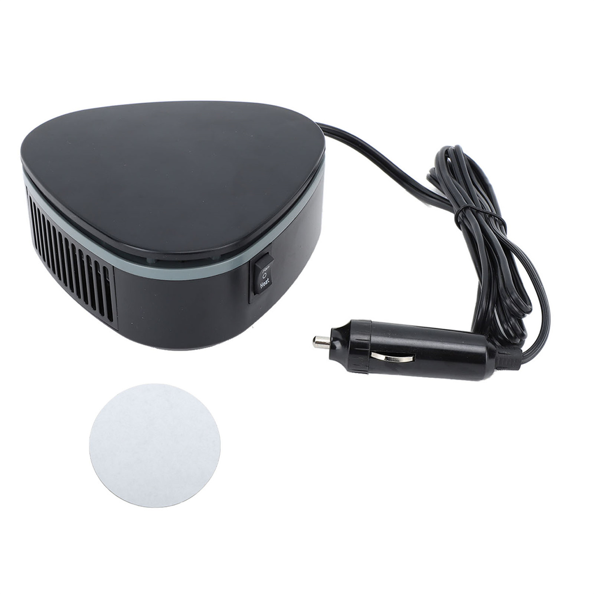 Schwarze Autoheizung, Kabel und Stecker. Auf der linken Seite befindet sich ein weißer runder Aufkleber.