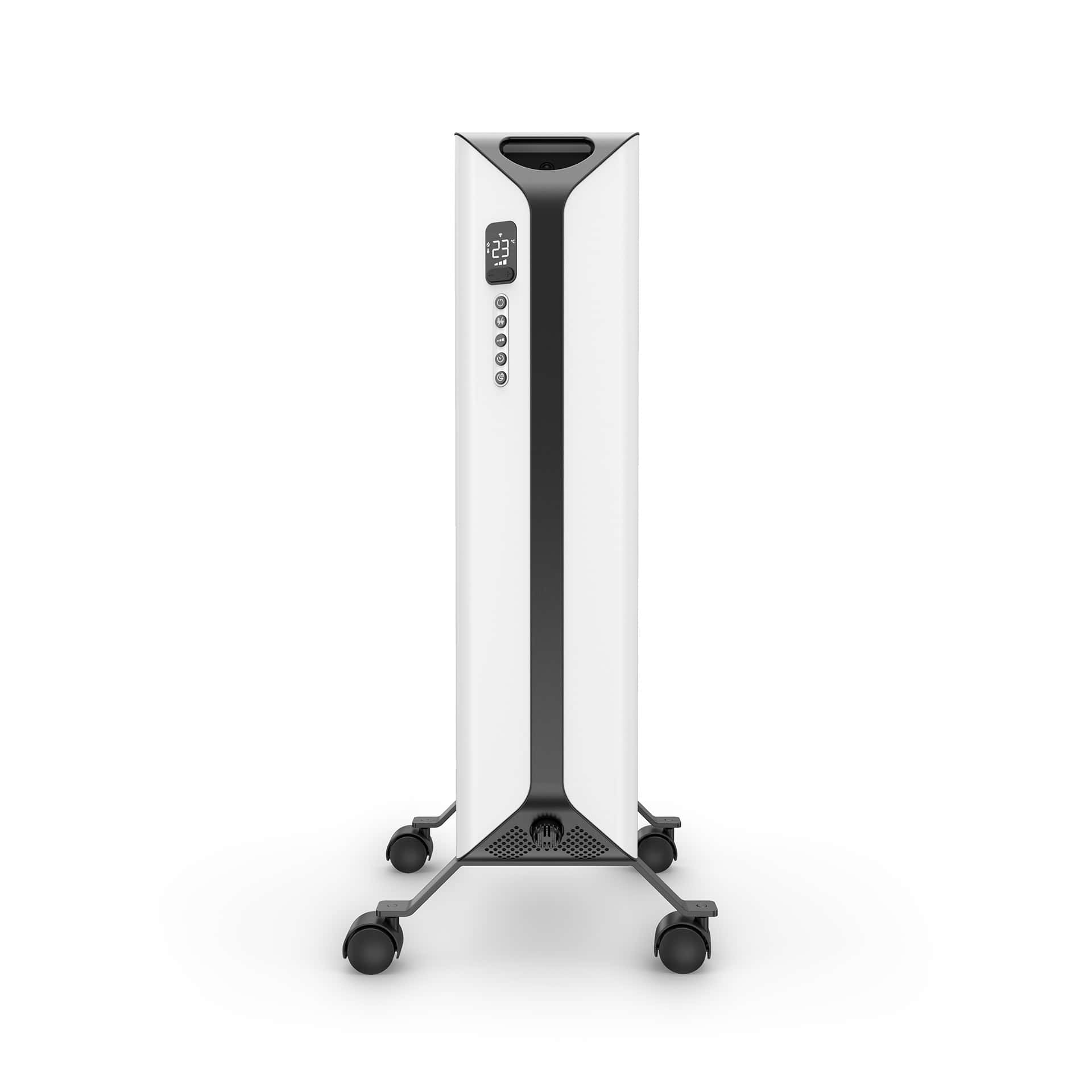 White, tall electric heater on wheels, with digital display and control buttons, on a white background.