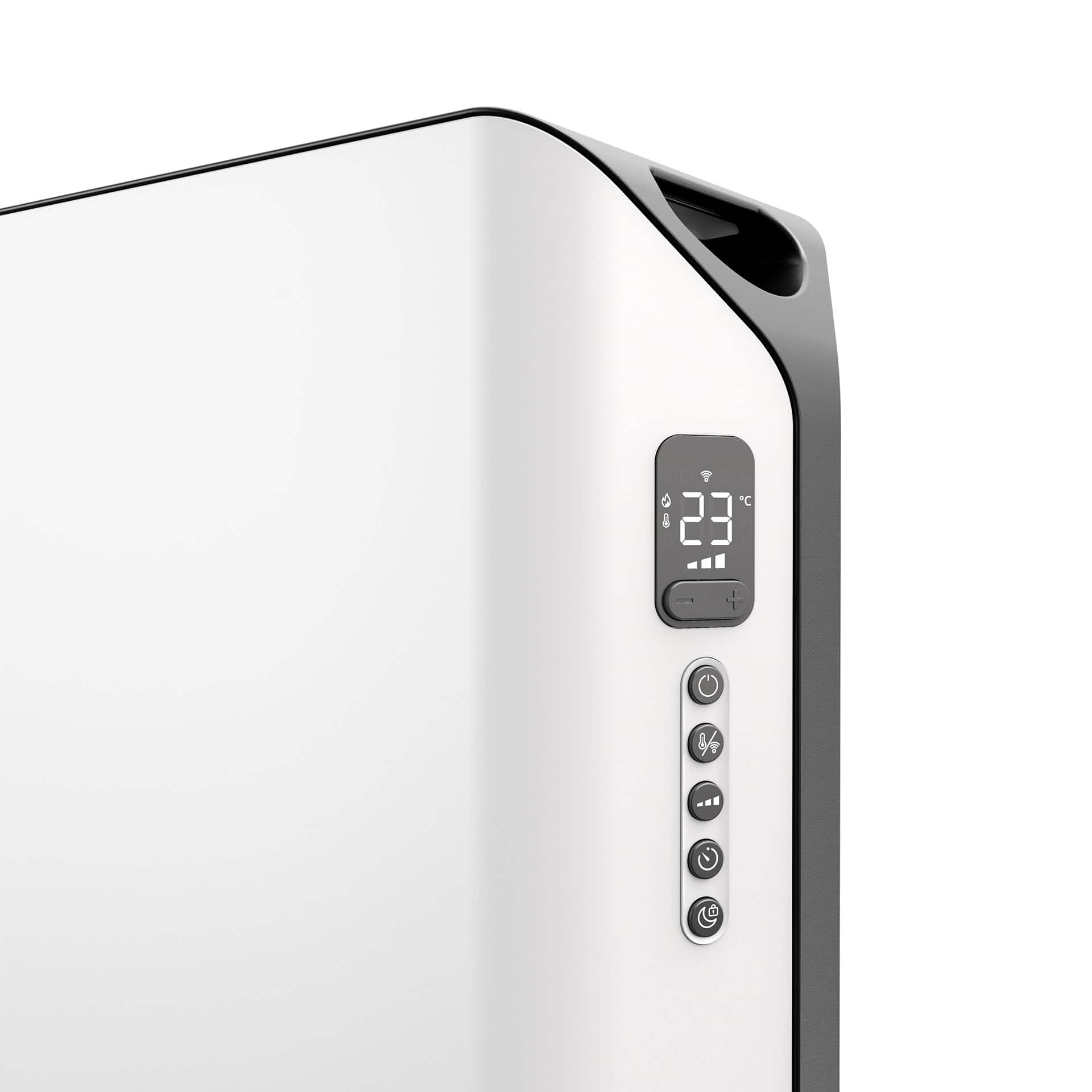 White and black electric heater with a digital display showing 23 degrees Celsius. Buttons are below the display.