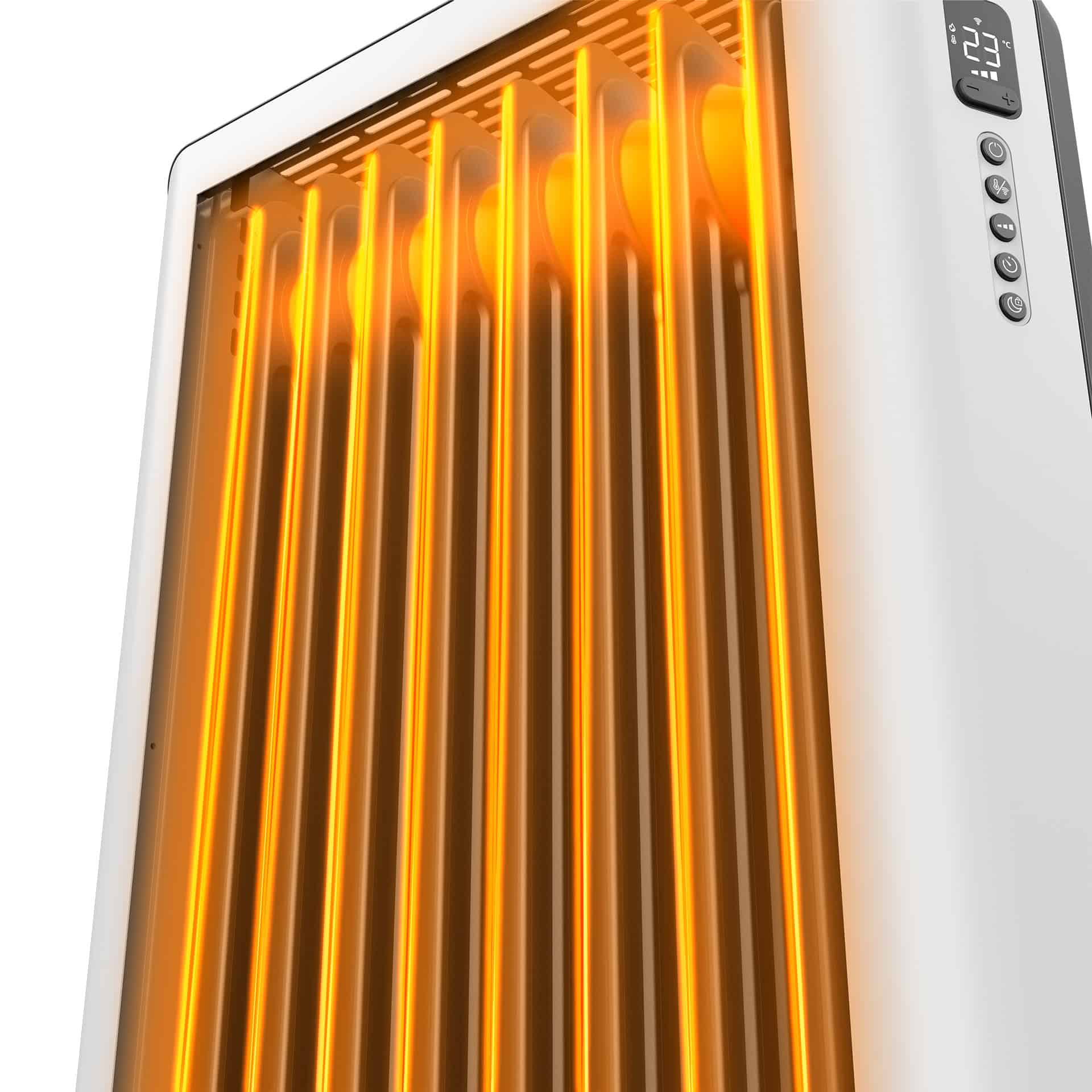 Ein weißer Heizlüfter mit orangefarbenen Heizelementen. Das Display zeigt Temperatur und Knöpfe.