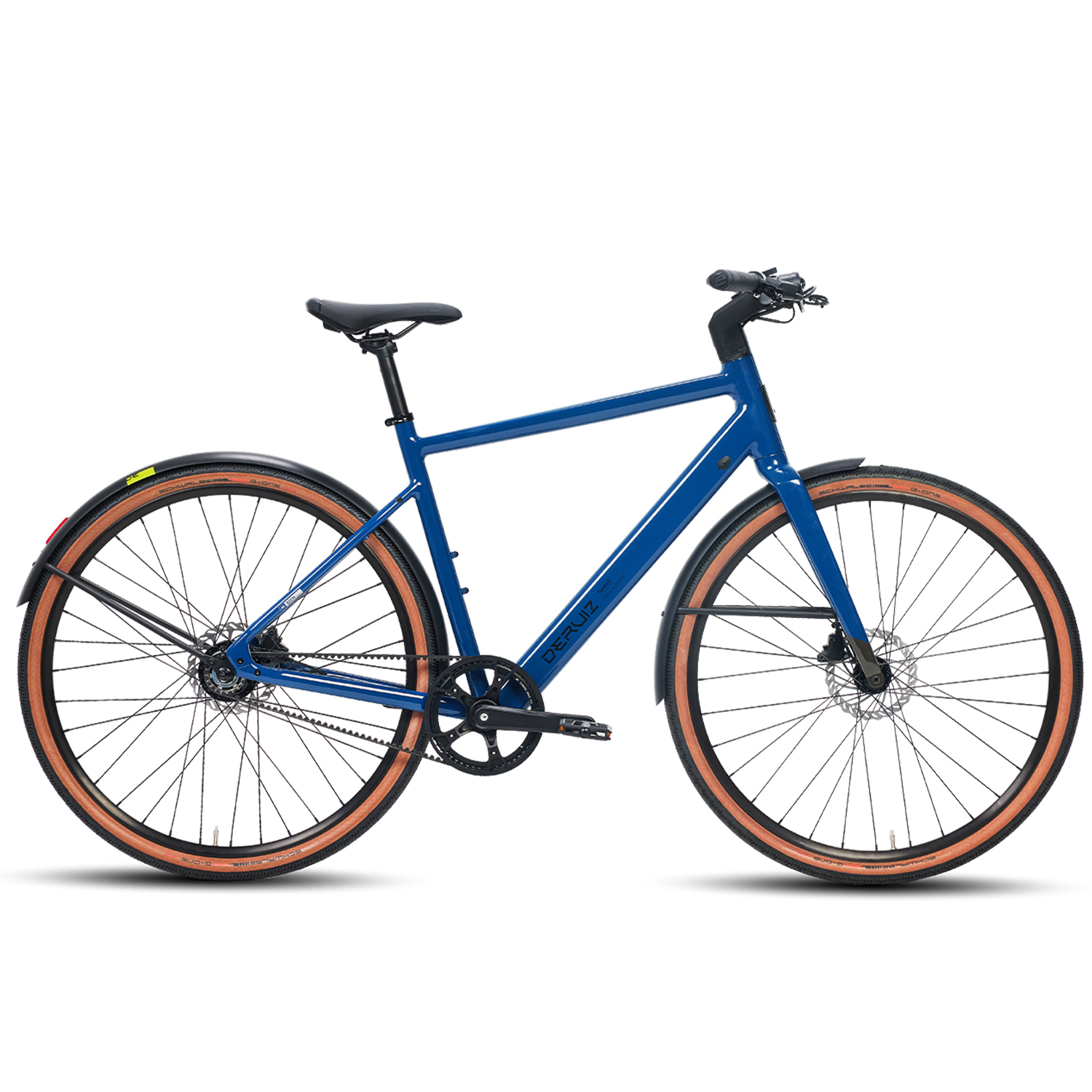 Blaues Fahrrad mit braunen Reifen. Das Fahrrad hat einen schwarzen Sattel und Lenker.