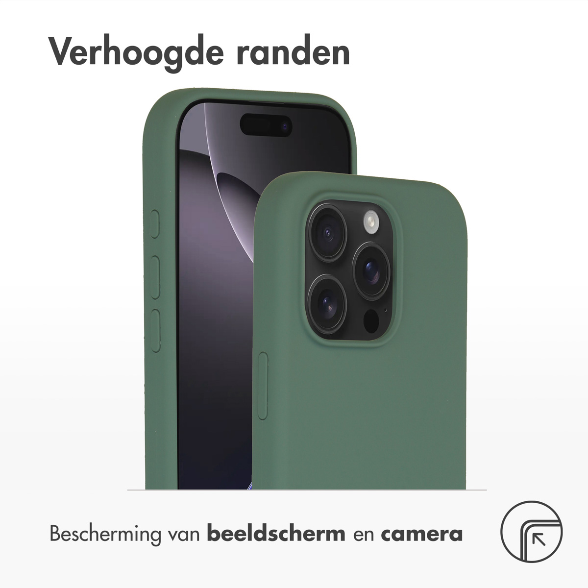Groene telefoonhoes op een telefoon, met Nederlandse tekst: bescherming van scherm en camera.