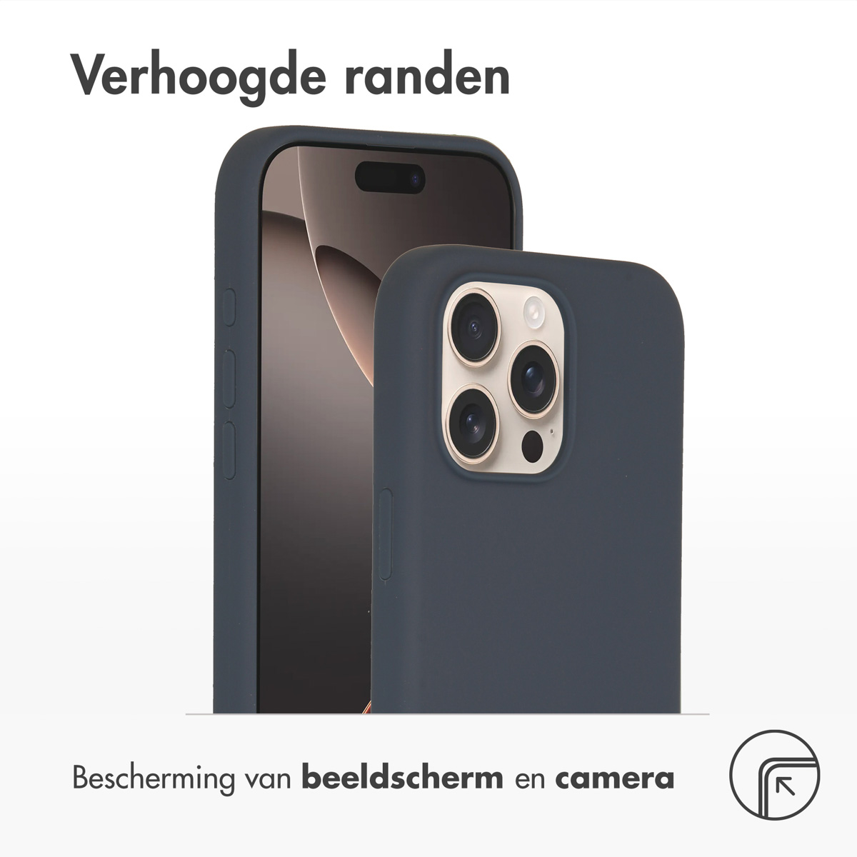 Twee donkerblauwe telefoonhoesjes, één op een telefoon, met tekst over scherm- en camerabescherming.