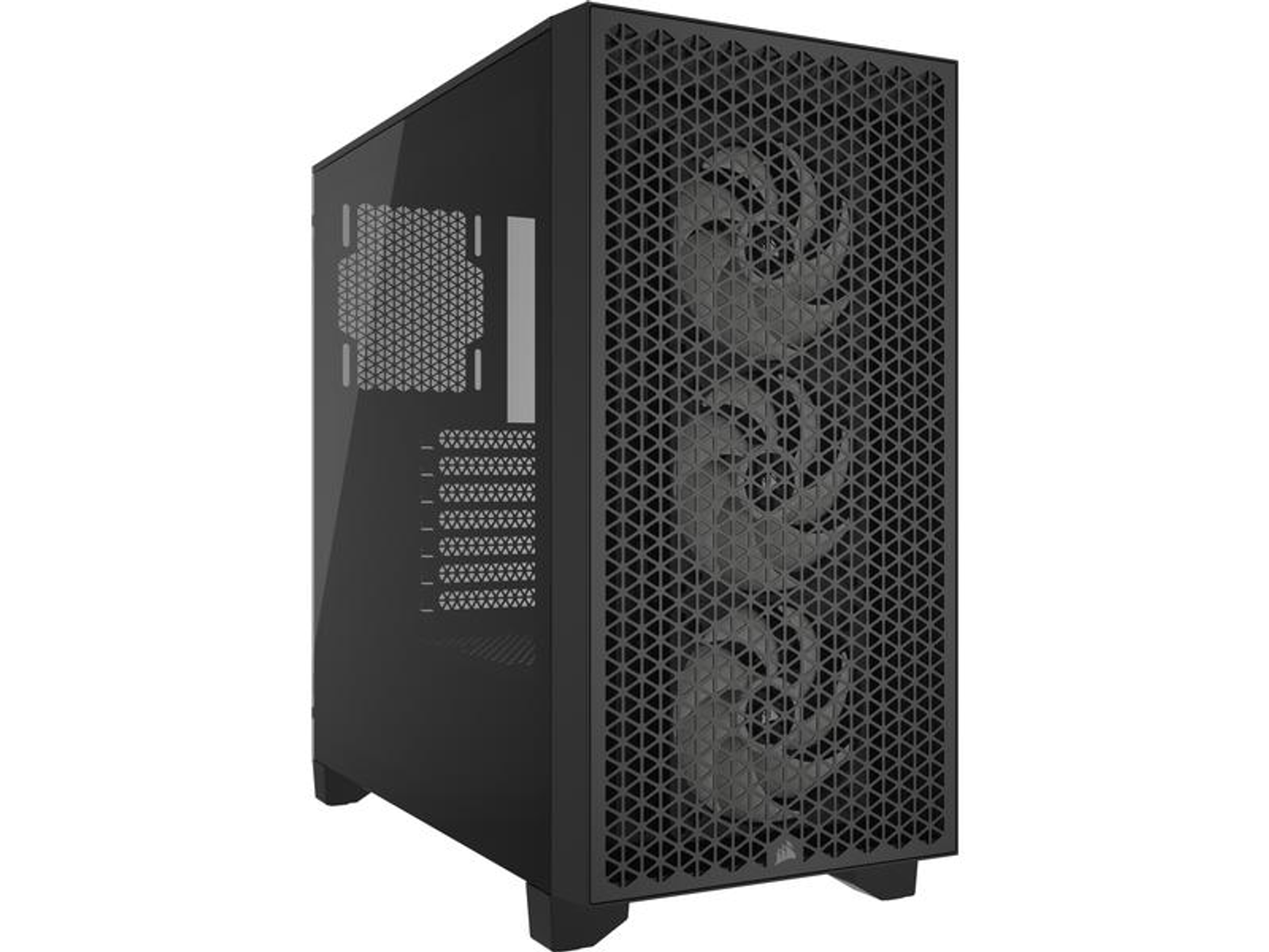 Czarna obudowa komputera z panelami z siatki i szkła. Wewnątrz widoczne wentylatory, na białym tle.