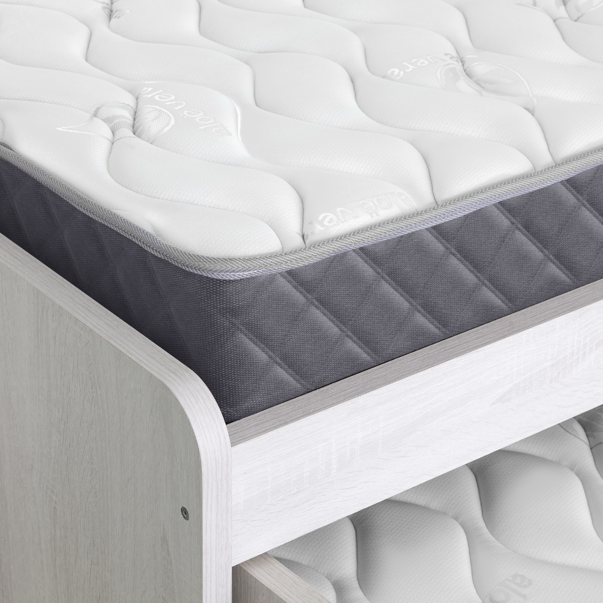 Primer plano de un colchón blanco con borde gris, sobre un marco de cama.