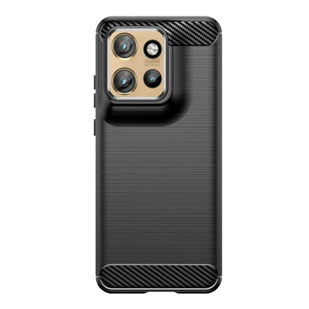 Une coque de téléphone noire avec un dos texturé et des découpes pour l'appareil photo. Accents en fibre de carbone.