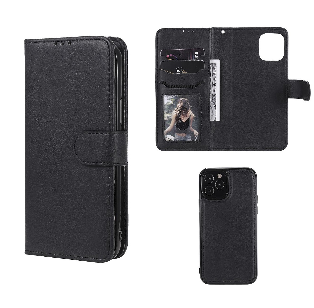 Coque de téléphone noire, ouverte, montrant les fentes pour cartes et photo.