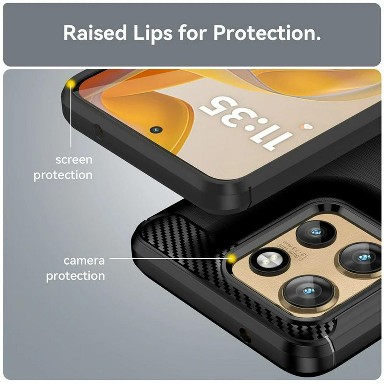 Gros plan sur une coque de téléphone, montrant les fonctions de protection de l'écran et de l'appareil photo. La coque est noire.