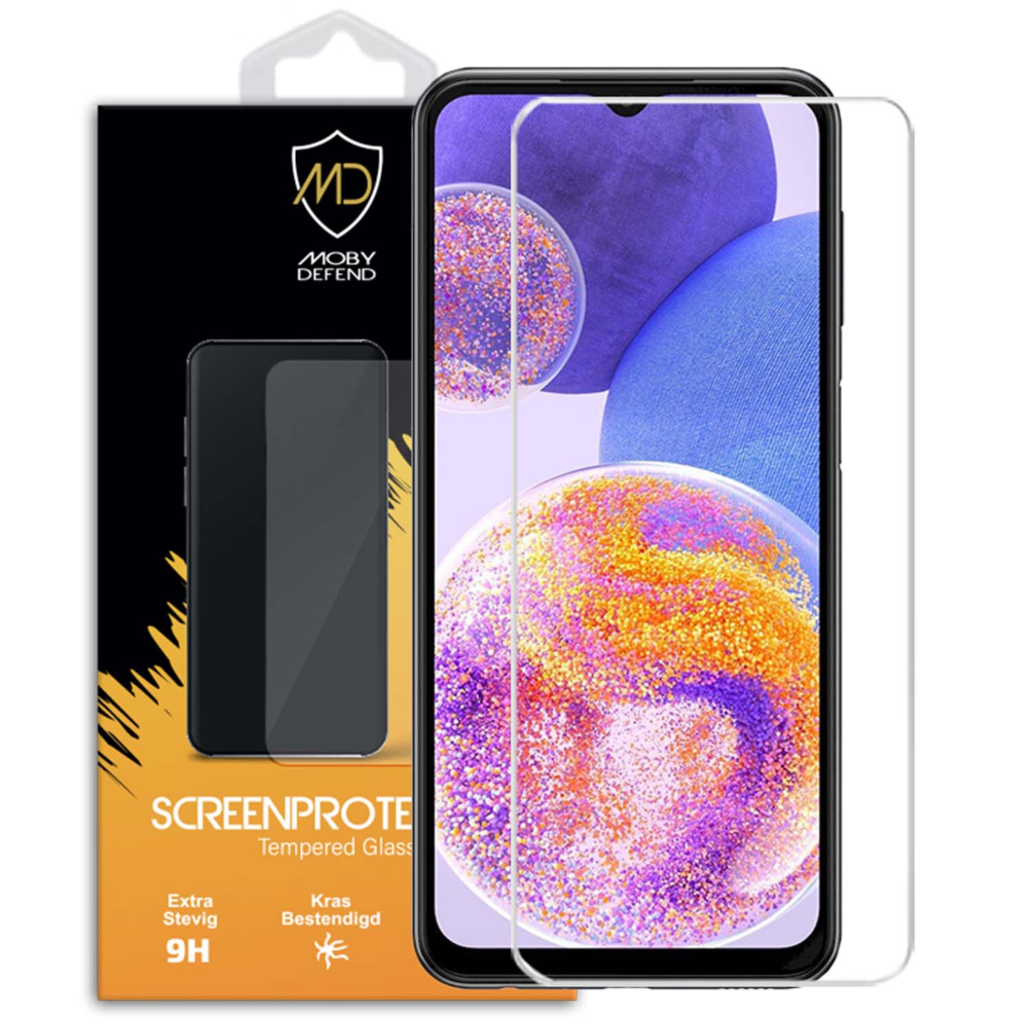 Téléphone avec protecteur d'écran dans une boîte. La boîte a un design noir et jaune et du texte.
