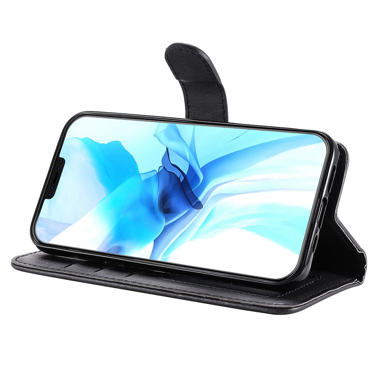 Téléphone noir dans un étui à rabat en cuir noir, ouvert. L'écran affiche une image bleue floue.
