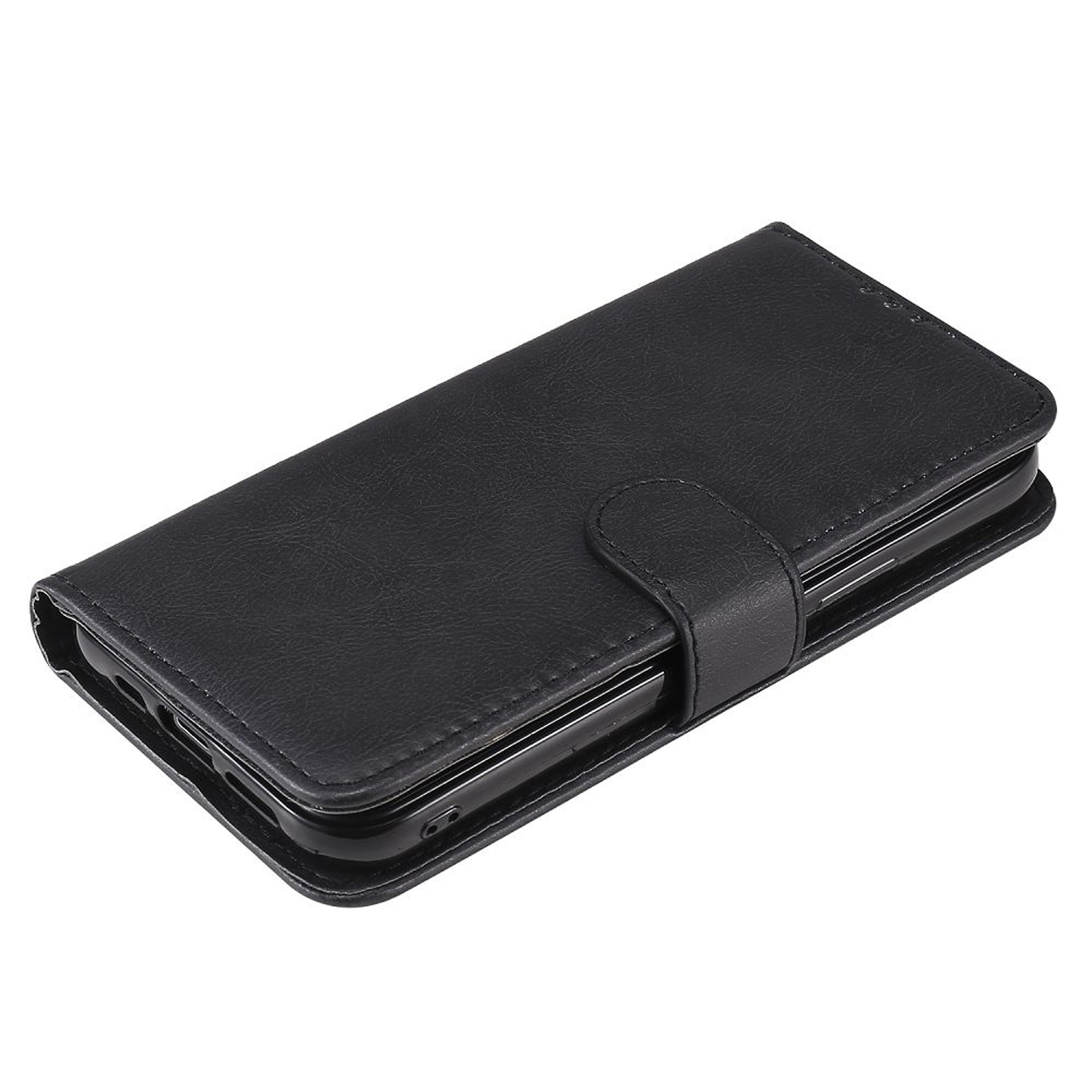 Coque de téléphone en cuir noir avec fermoir magnétique, contenant un téléphone à l'intérieur, sur fond blanc.