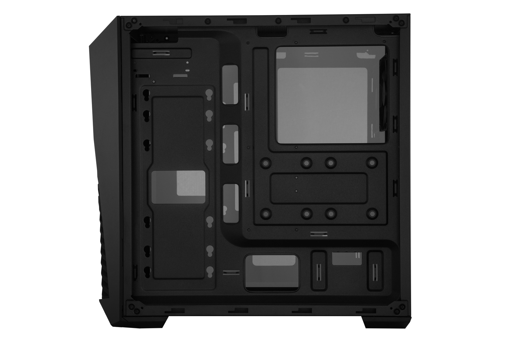 Interno vuoto di un case per computer nero, che mostra slot per componenti e pannello laterale trasparente. Sfondo bianco.