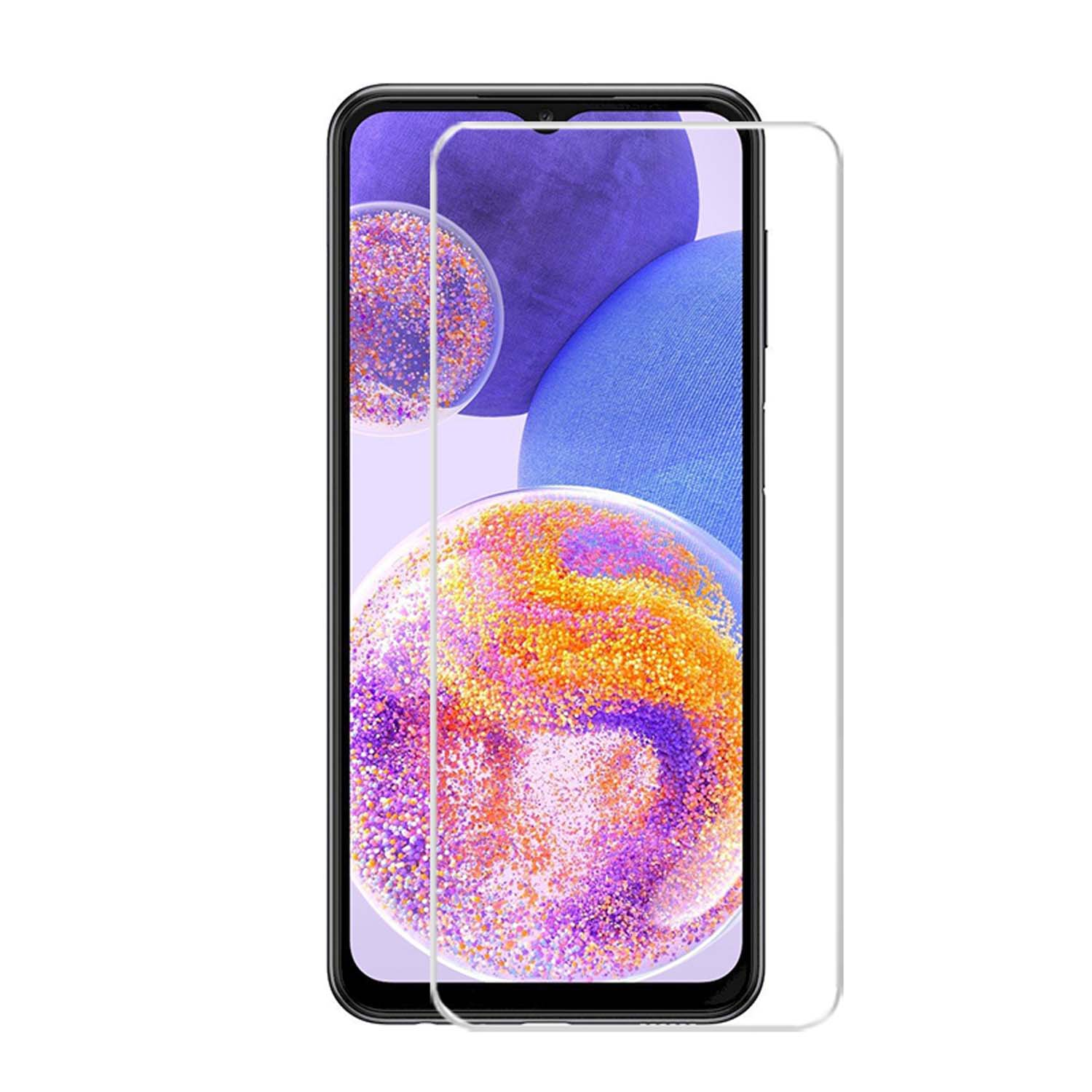 Telefoonschermbeschermer op een telefoon, met een kleurrijke abstracte achtergrond. Transparante beschermer wordt getoond.