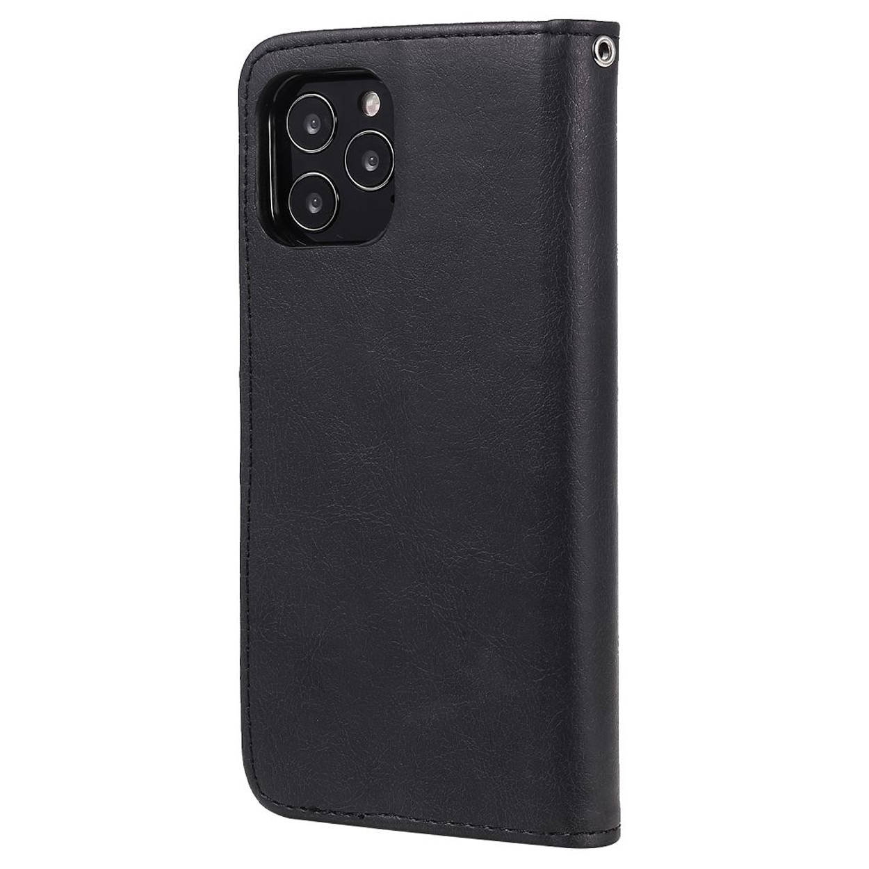 Coque de téléphone noire, avec appareil photo, sur fond blanc, vue latérale.