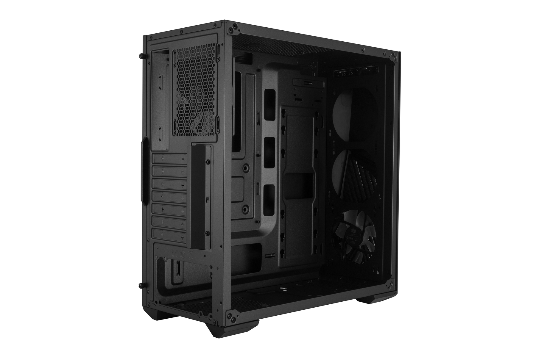 Case nero per computer, aperto, con componenti interni visibili, su sfondo bianco.
