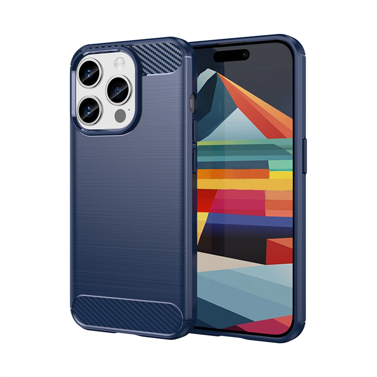Een blauwe telefoonhoes naast een telefoon. De telefoon toont een helder scherm. De hoes heeft een getextureerde achterkant.