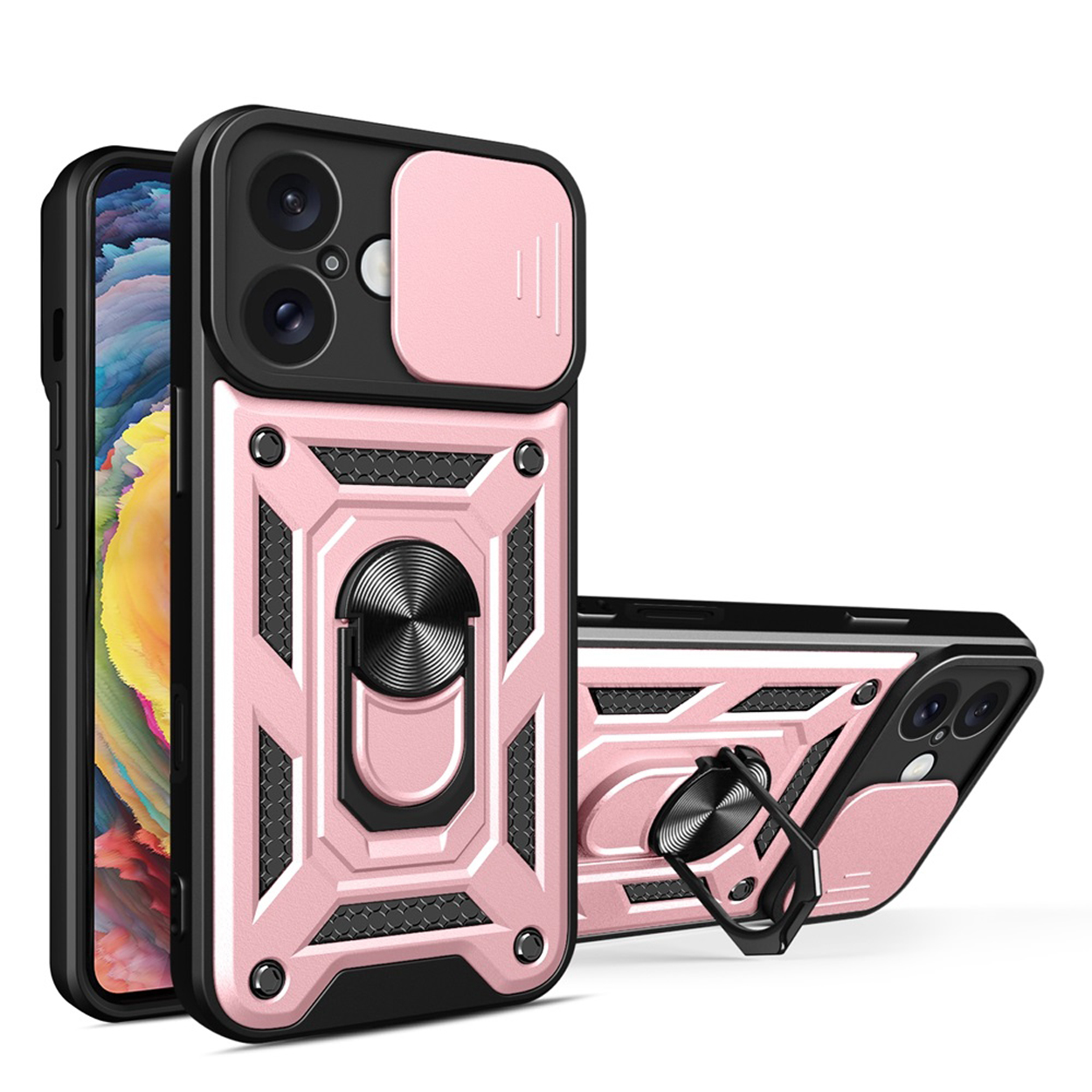 Roze telefoonhoesje met ringhouder. Het heeft een zwarte hoes en een cameralensafdekking. Twee hoesjes getoond.