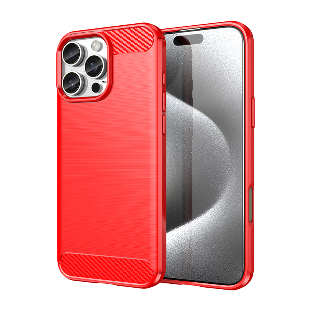 Rode telefoonhoes en telefoon. Hoesje links, telefoon rechts. Scherm zichtbaar.