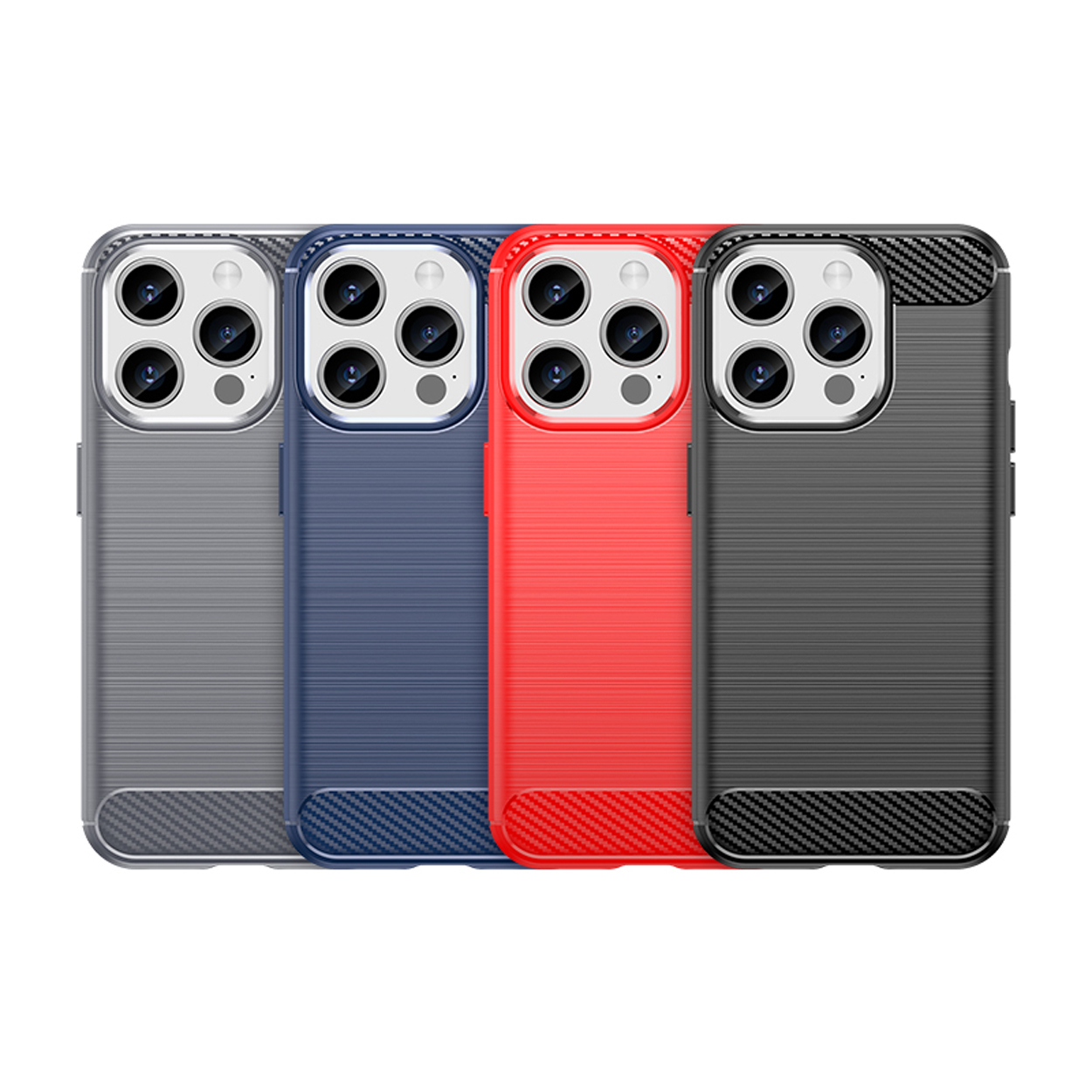 Vier telefoonhoesjes in verschillende kleuren. Grijs, blauw, rood en zwart. Elk met camera-uitsparingen.