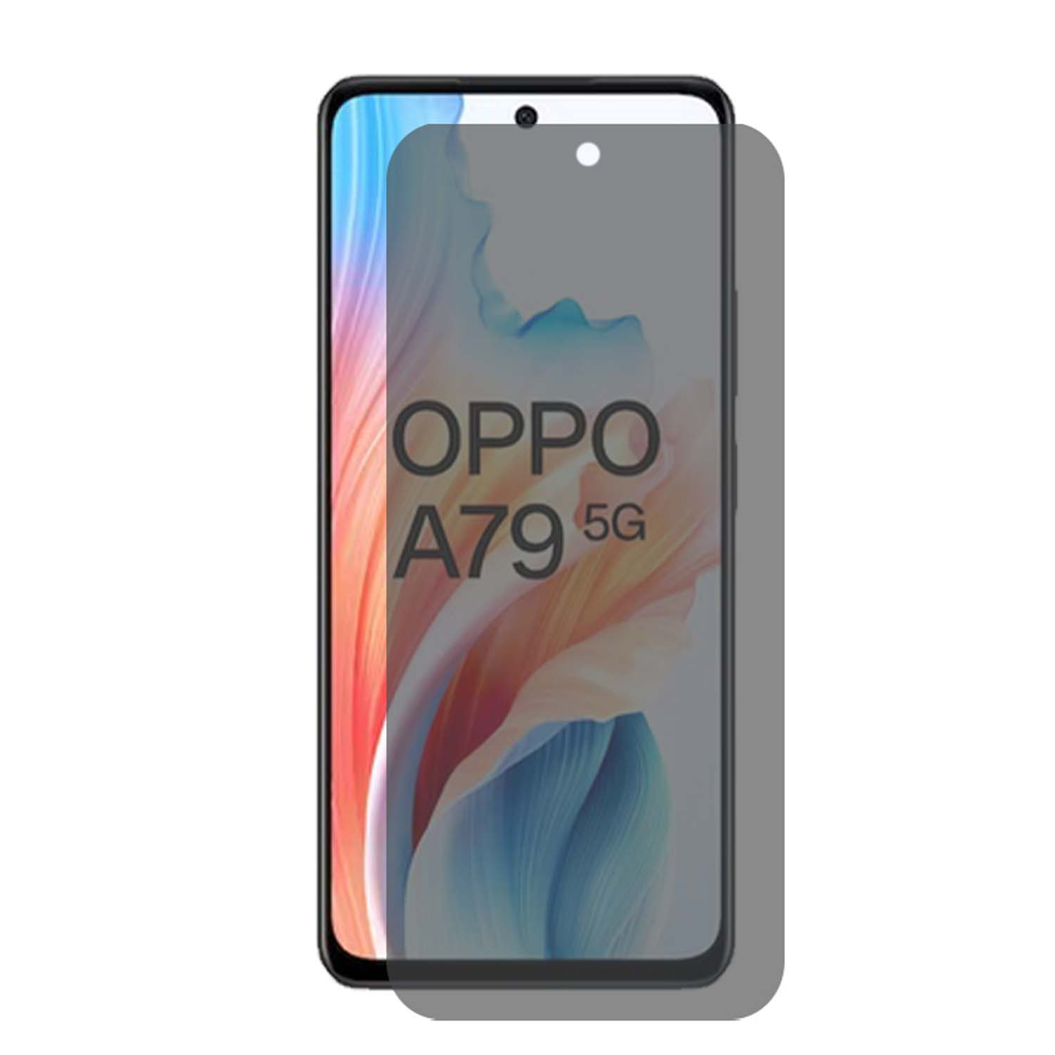 Un protecteur d'écran sur un téléphone. Le téléphone affiche le mot OPPO et le numéro 79.