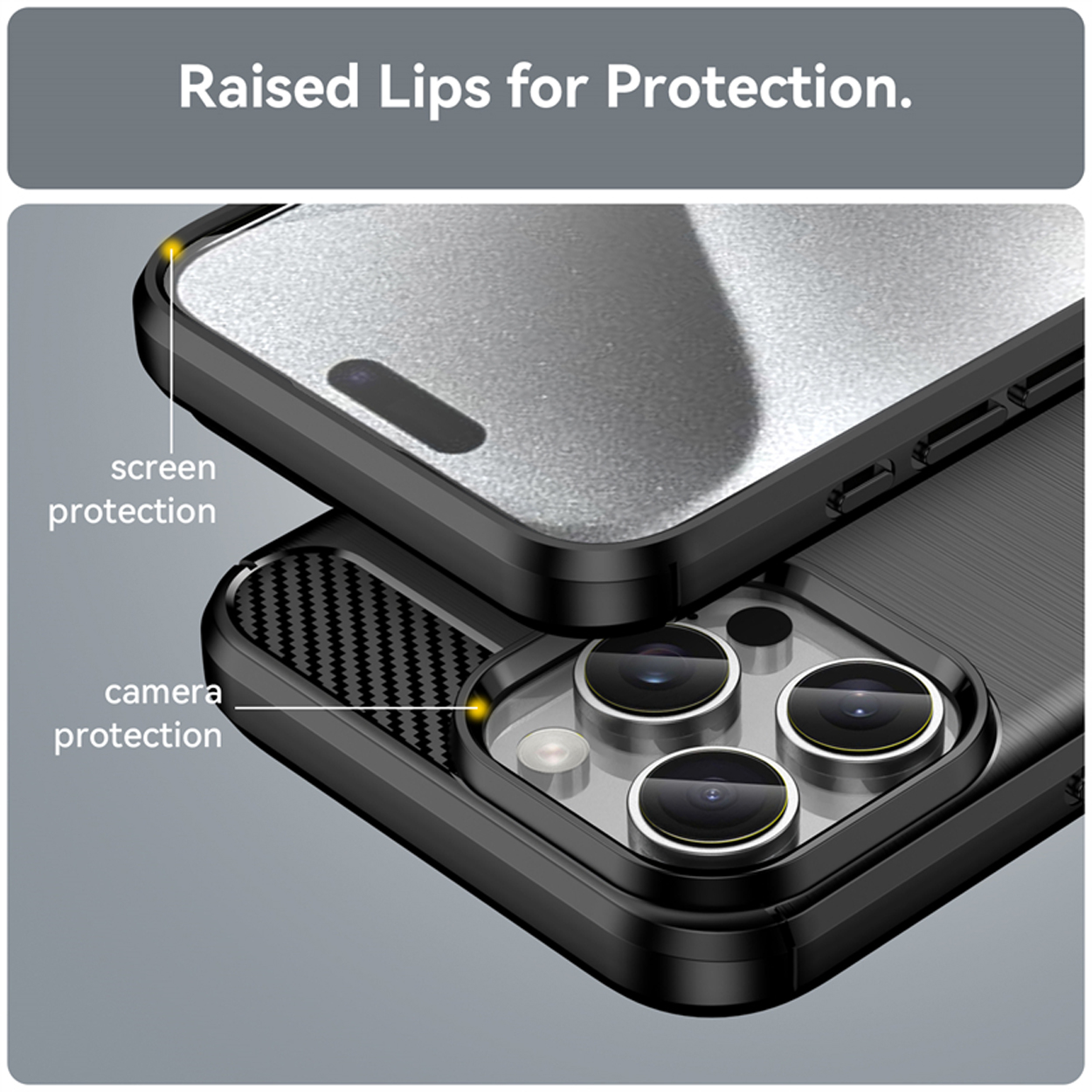Coque de téléphone noire. Bords surélevés protègent écran et caméra.