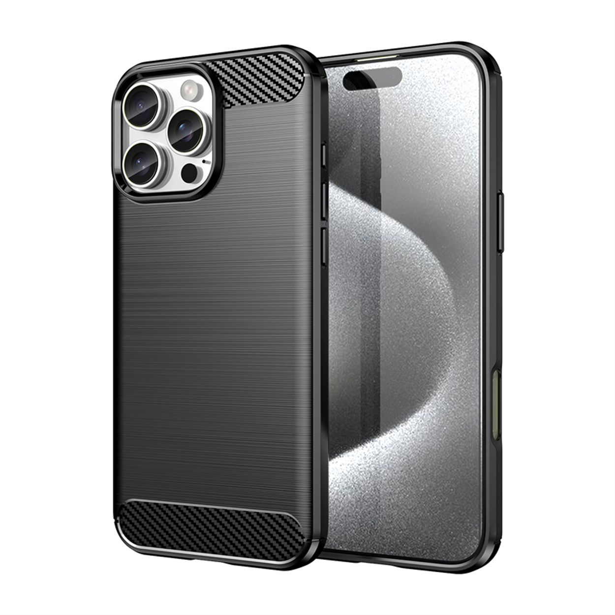 Coque de téléphone noire avec un design en fibre de carbone, vue latérale.