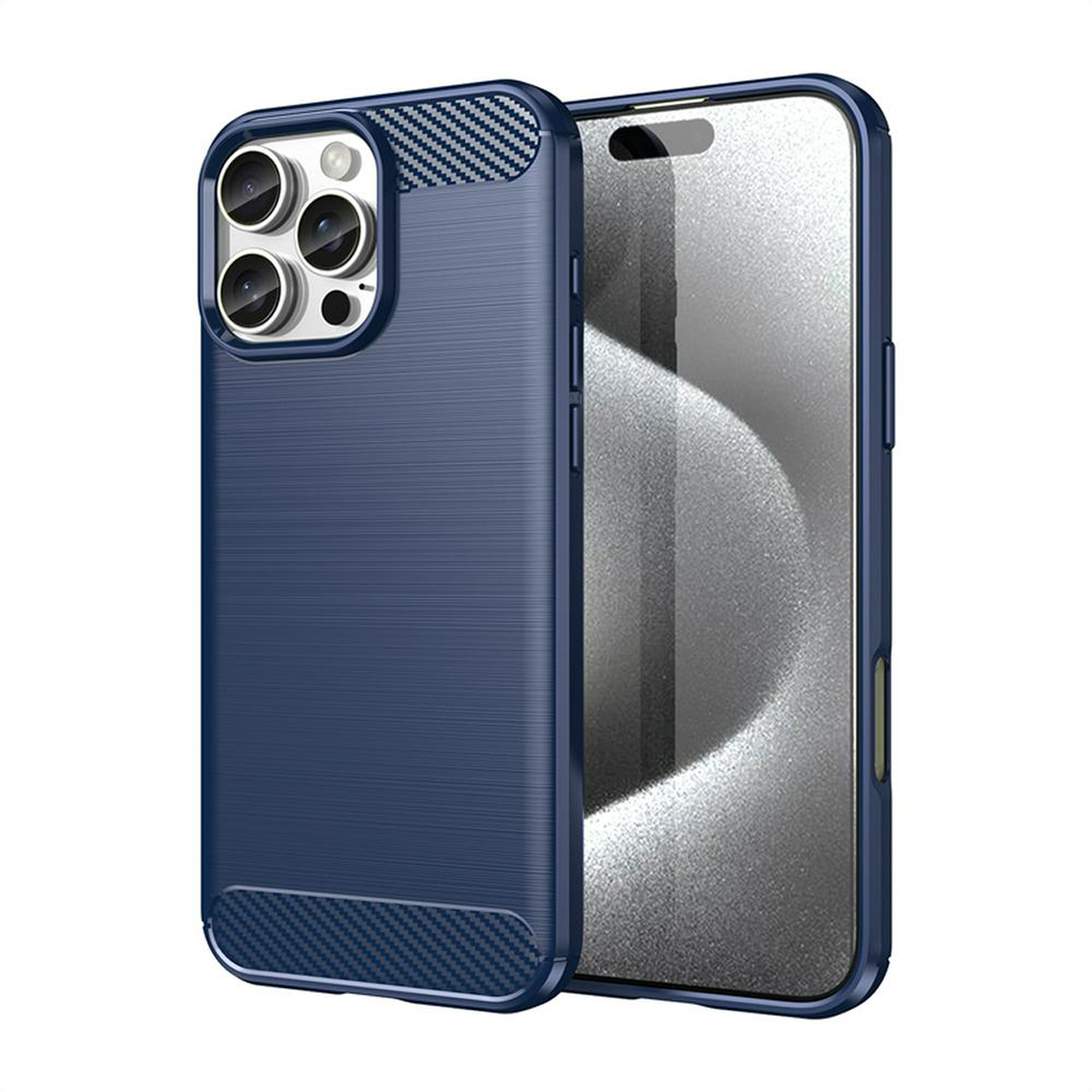 Een blauwe telefoonhoes met een koolstofvezel ontwerp, op een witte achtergrond. Telefoon erin.