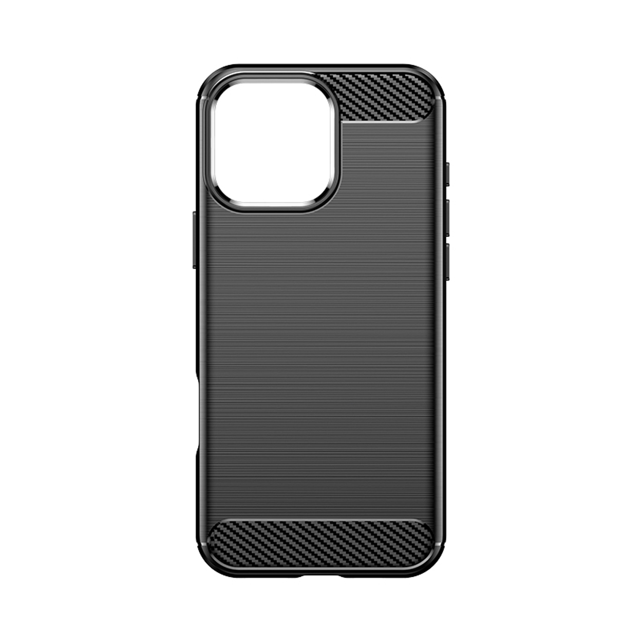 Coque noire pour iPhone avec dos texturé et accents en fibre de carbone autour de l'appareil photo.